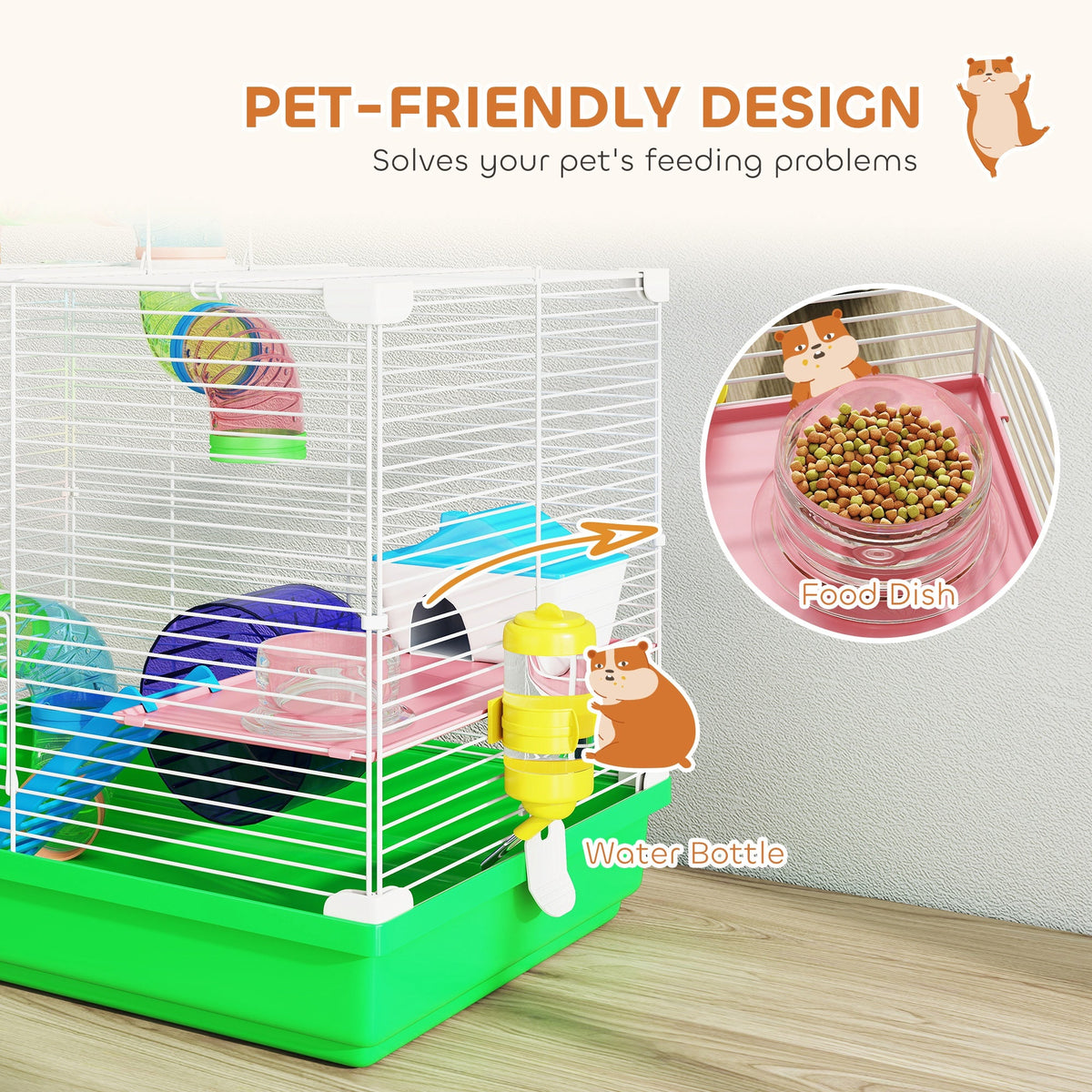 2 Tier Hamster Cage, Gerbil Cage with Handle, Exercise Wheels, Tunnel, Water Bottle, Dishes, Ladder, for Dwarf Hamster, Green