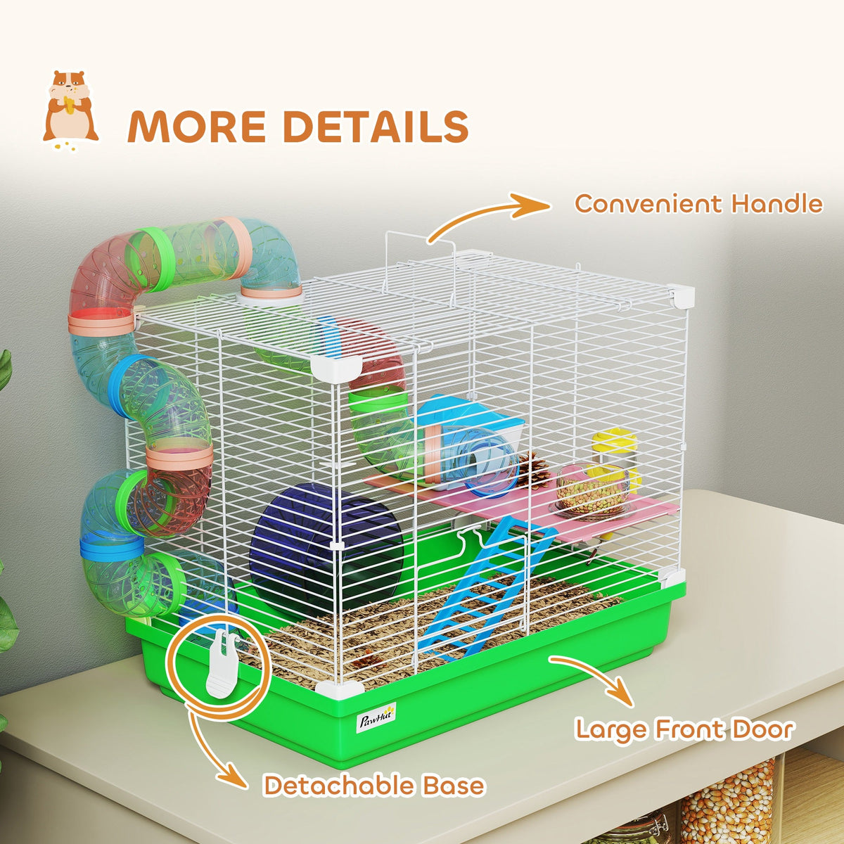 2 Tier Hamster Cage, Gerbil Cage with Handle, Exercise Wheels, Tunnel, Water Bottle, Dishes, Ladder, for Dwarf Hamster, Green