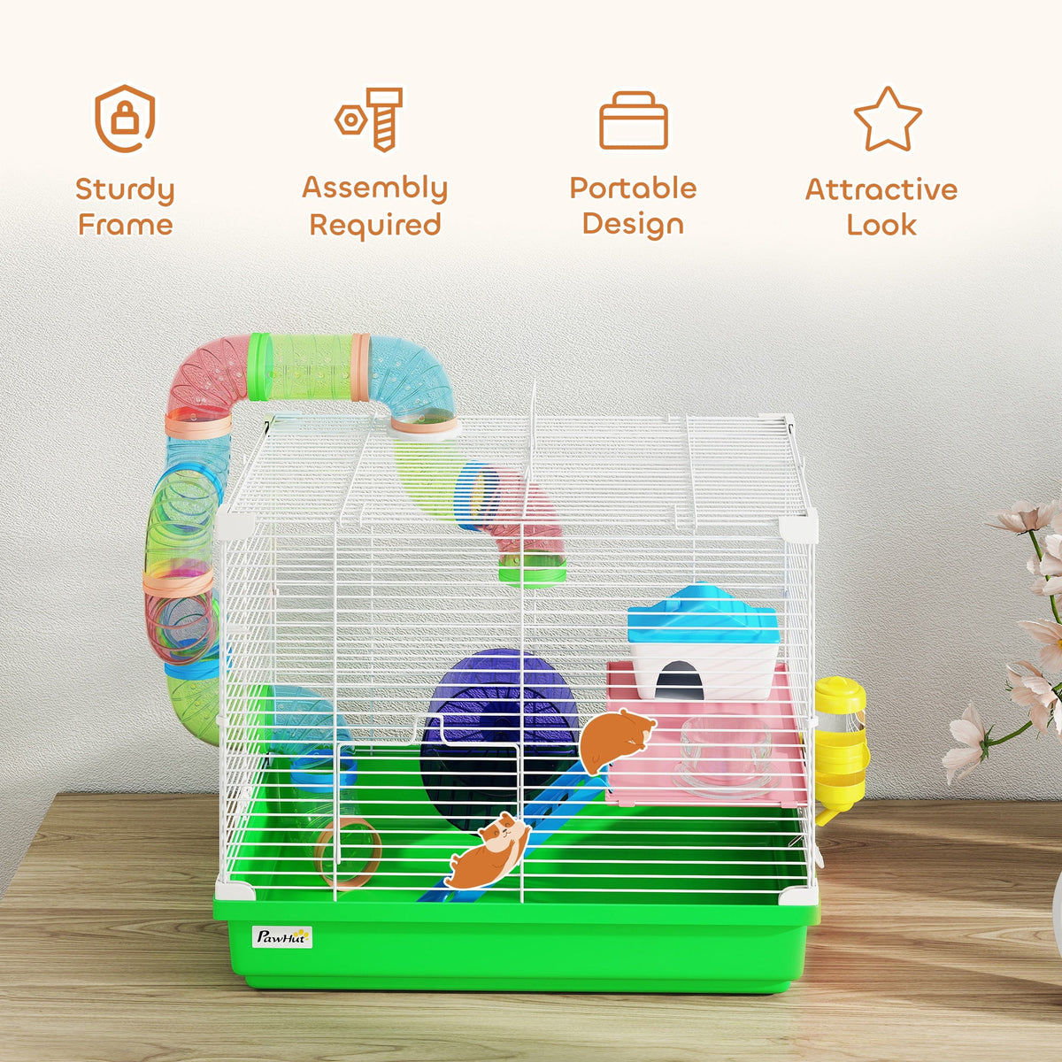 2 Tier Hamster Cage, Gerbil Cage with Handle, Exercise Wheels, Tunnel, Water Bottle, Dishes, Ladder, for Dwarf Hamster, Green