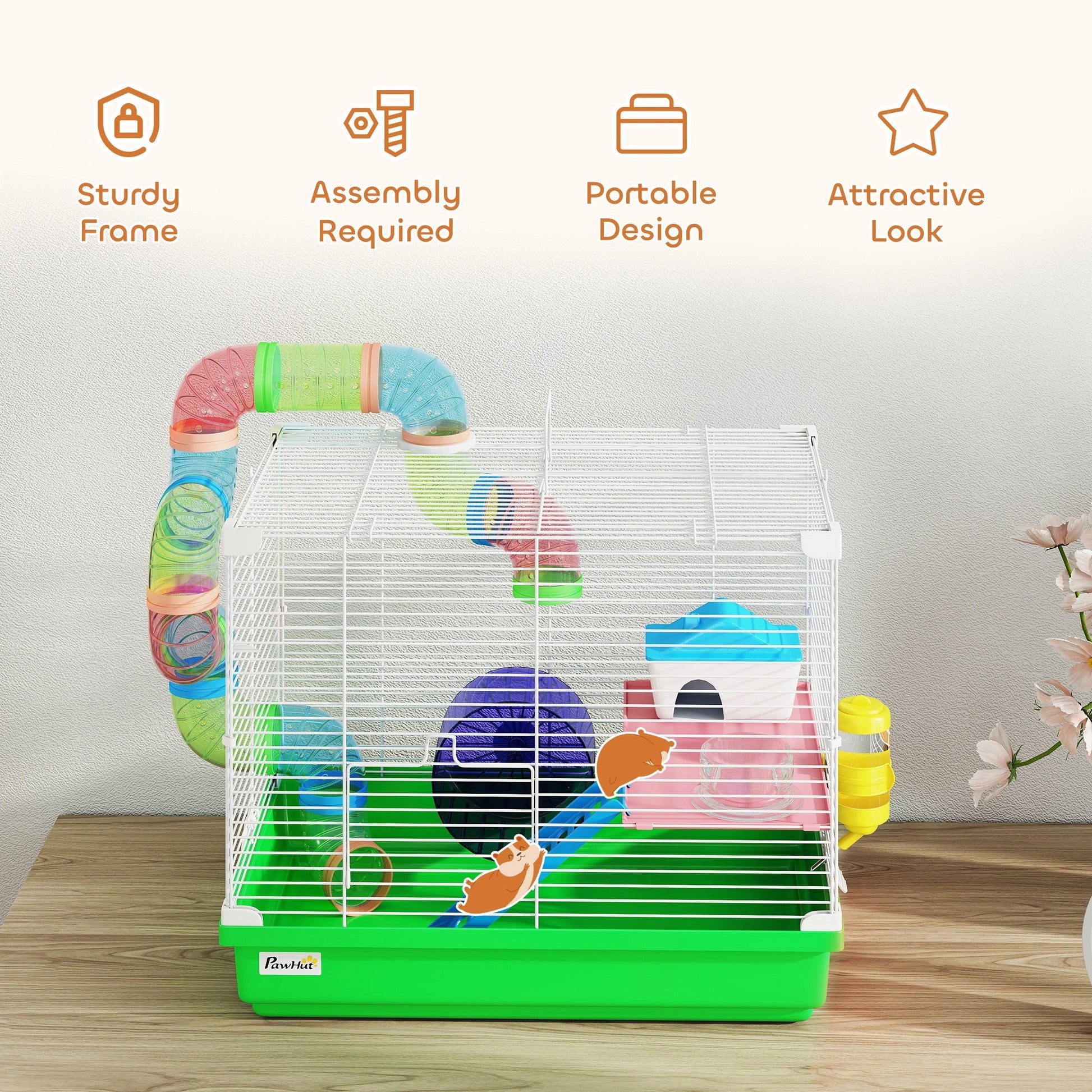 2 Tier Hamster Cage, Gerbil Cage with Handle, Exercise Wheels, Tunnel, Water Bottle, Dishes, Ladder, for Dwarf Hamster, Green