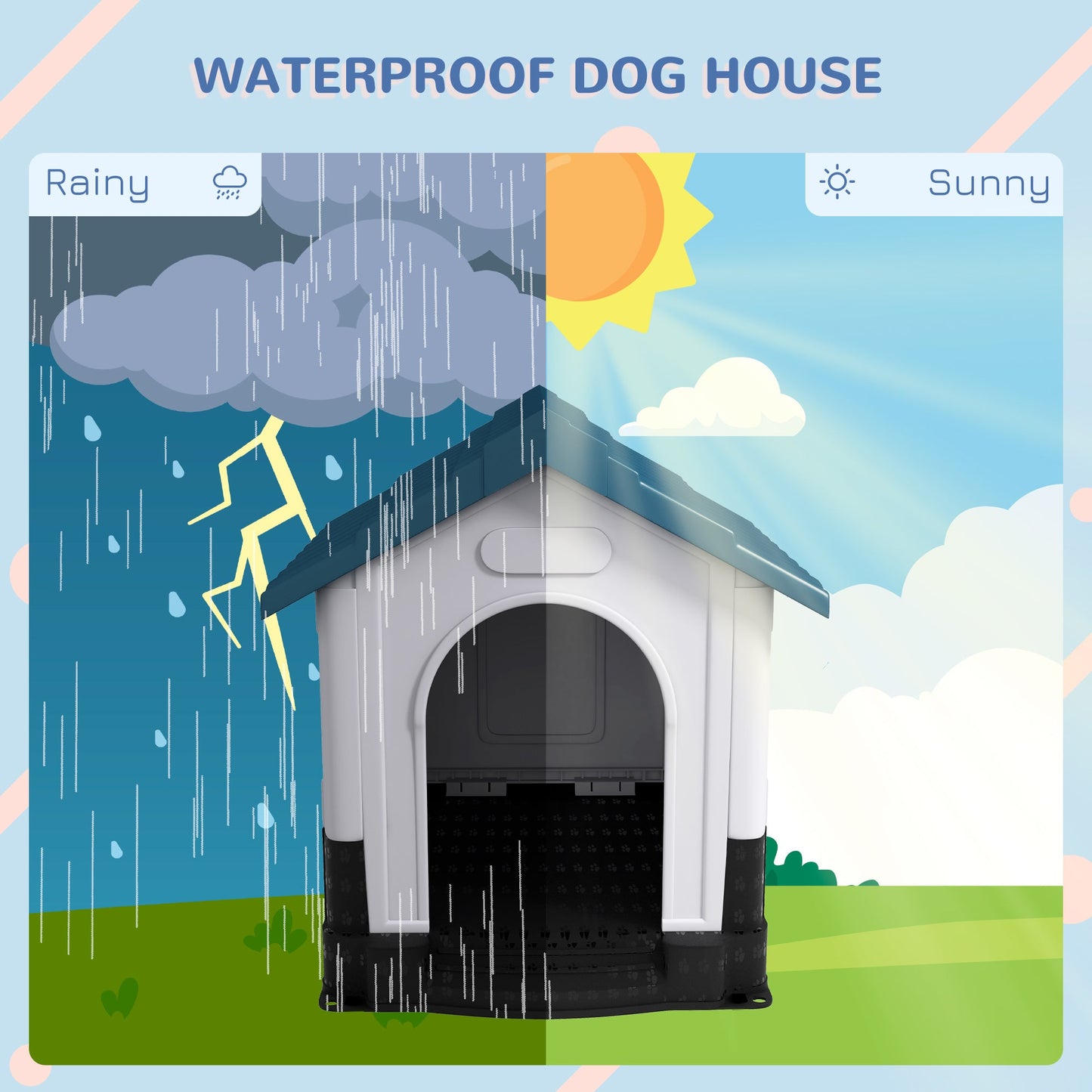 Dog Kennel for Outside, Plastic Dog House, Water-Resistant Pet Shelter with Windows, for Garden Patio, Medium and Large Dogs, 101 x 88 x 99cm - Blue
