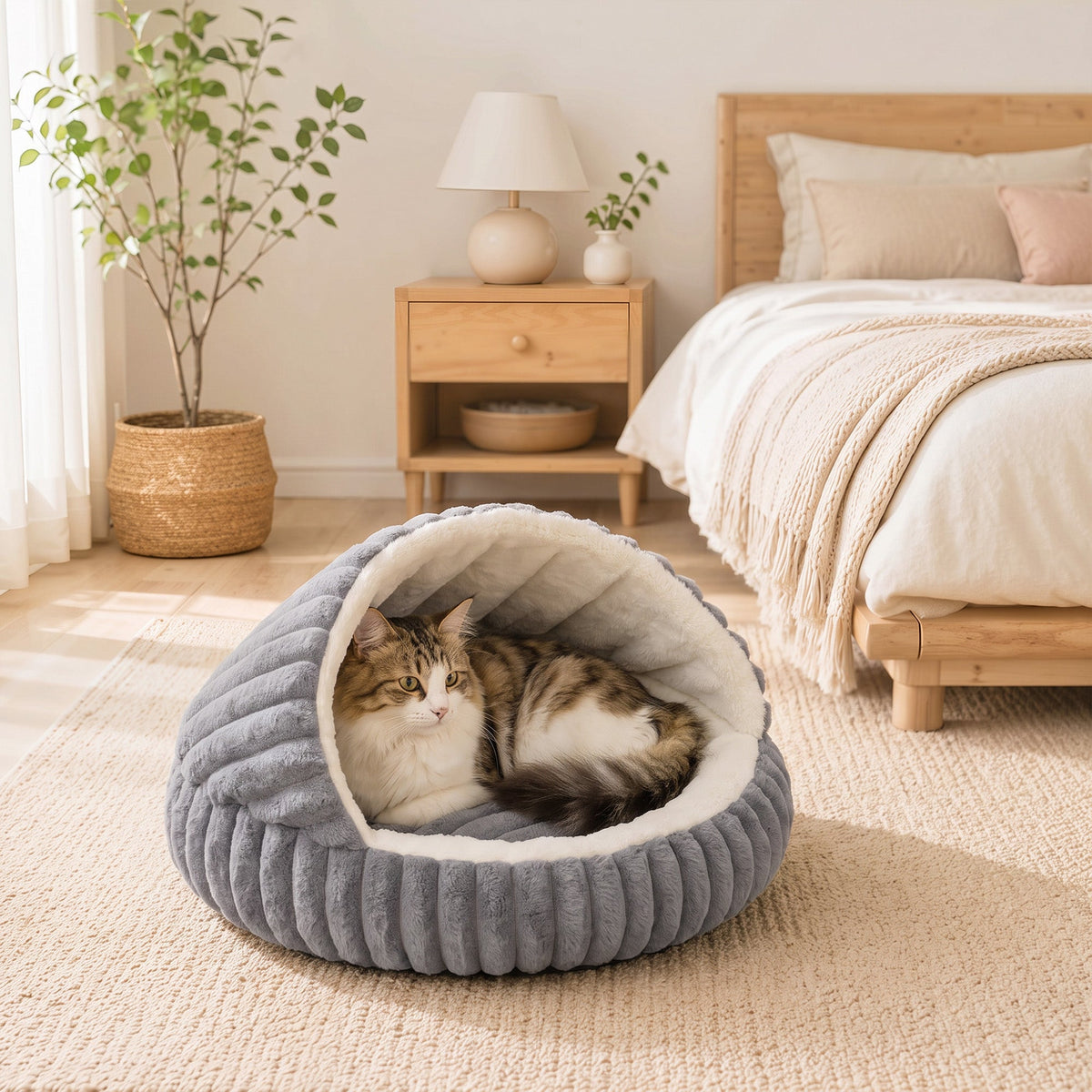 Cat Bed for Indoor Kittens, Cat Cave House with Non-Slip Bottom and Washable Cushion, Soft Pet Bed for Indoor Warmth & Comfort, 50 x 50 x 32 cm, Grey