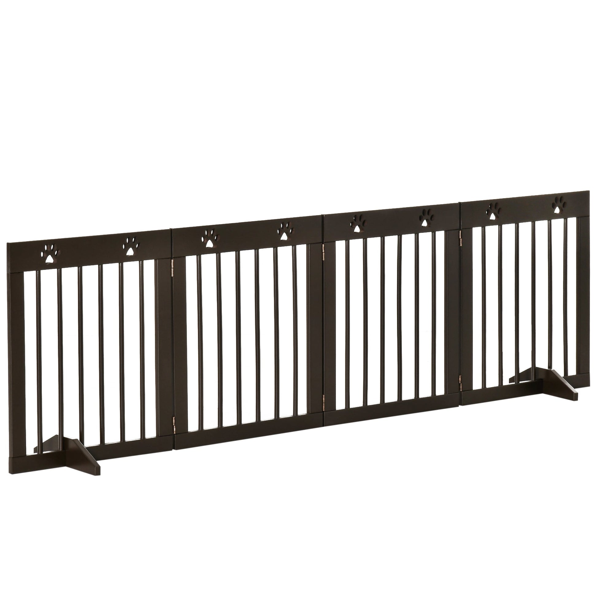Freestanding Pet Gate 4 Panel Wooden Dog Barrier Folding Safety Fence with Support Feet up to 204cm Long 61cm Tall for Doorway Stairs Brown