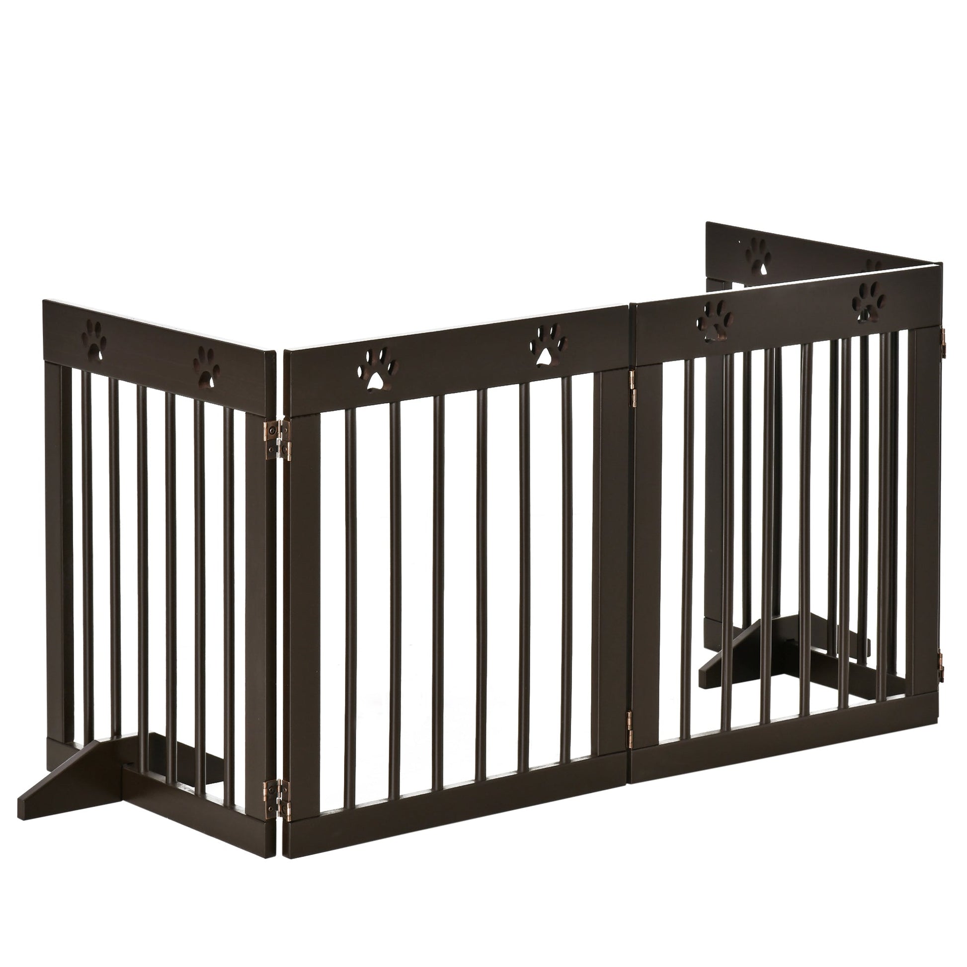 Freestanding Pet Gate 4 Panel Wooden Dog Barrier Folding Safety Fence with Support Feet up to 204cm Long 61cm Tall for Doorway Stairs Brown