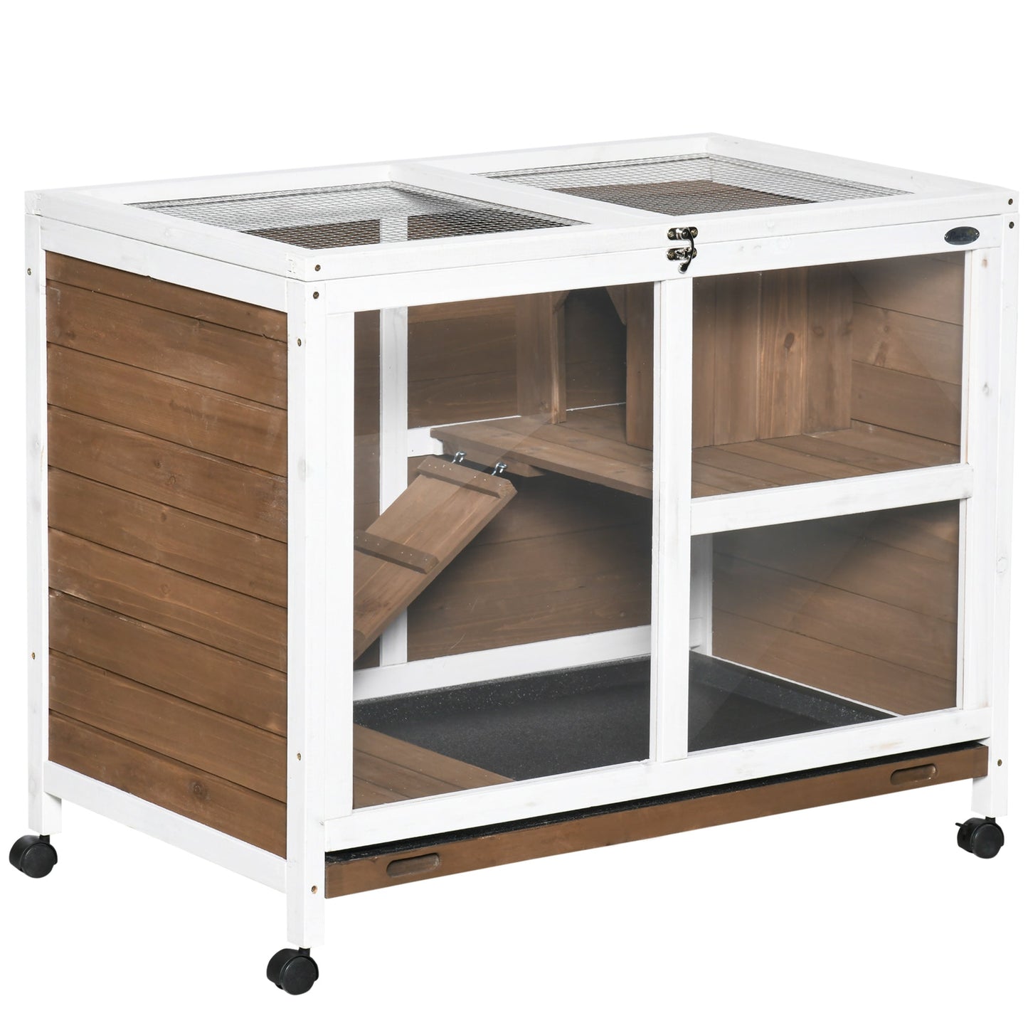 Rabbit Hutch Indoor Wooden Guinea Pig House Hamster Cage with Wheels, 2 Layers Bunny Cage with Openable Roof, 91.5 x 53.3 x 73 cm, Brown
