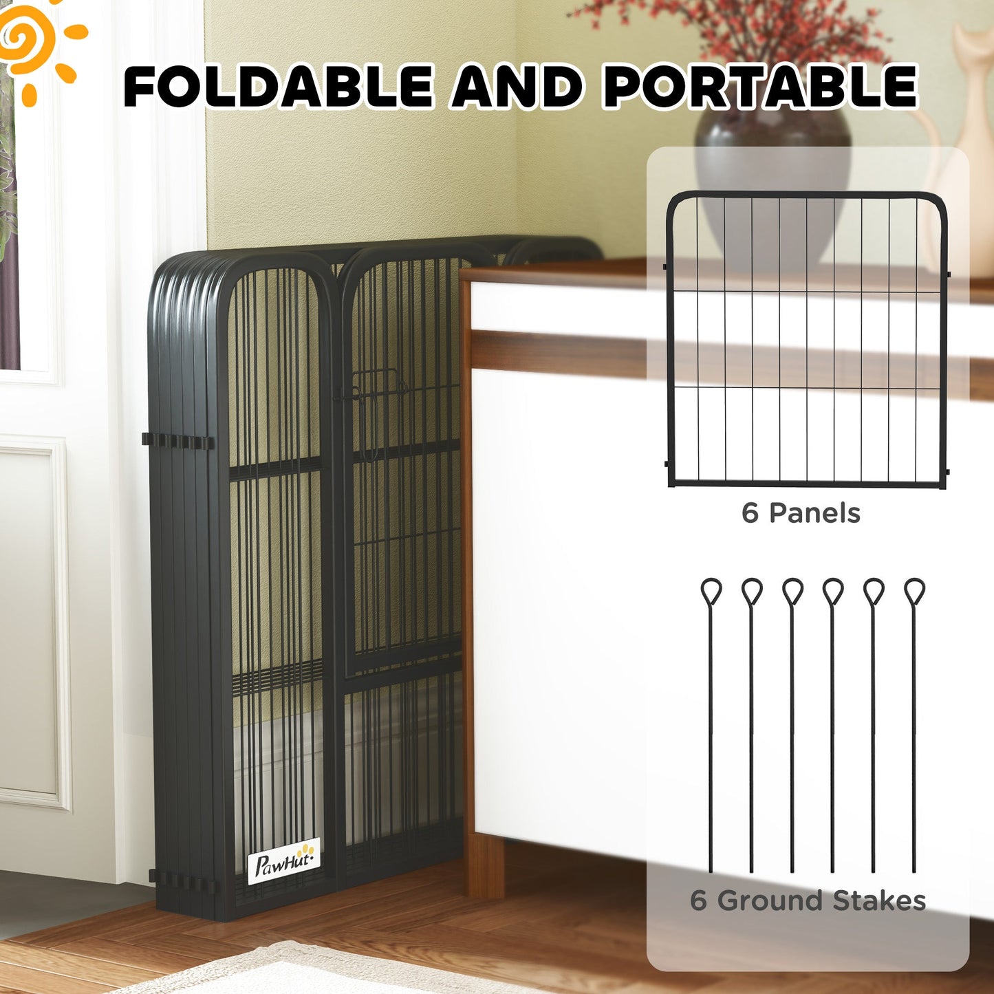 Dog Pen, 6 Panel Puppy Pen, Steel Dog Playpen, for Small Breeds, 60cm Tall, Black