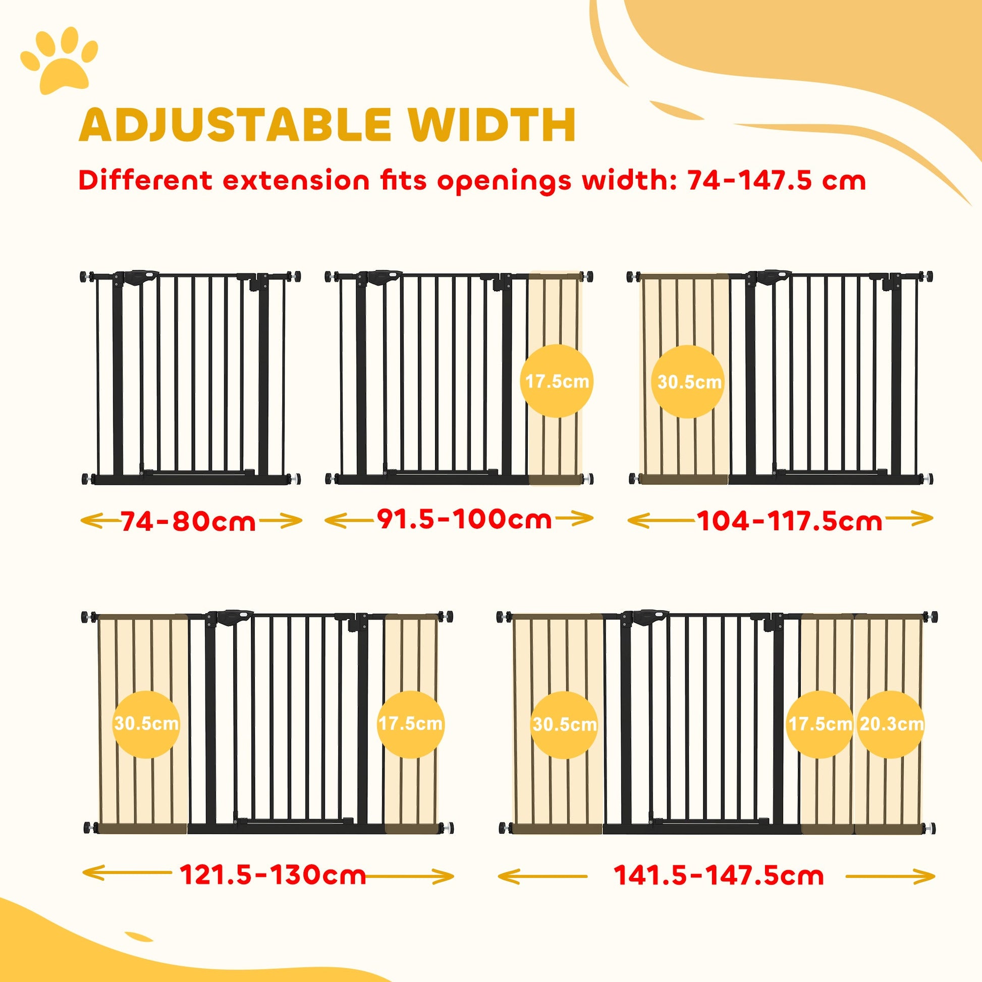 Dog Gate Stair Gate Pressure Fit Pets Barrier Auto Close for Doorway Hallway, 74-148cm Wide Adjustable, Black