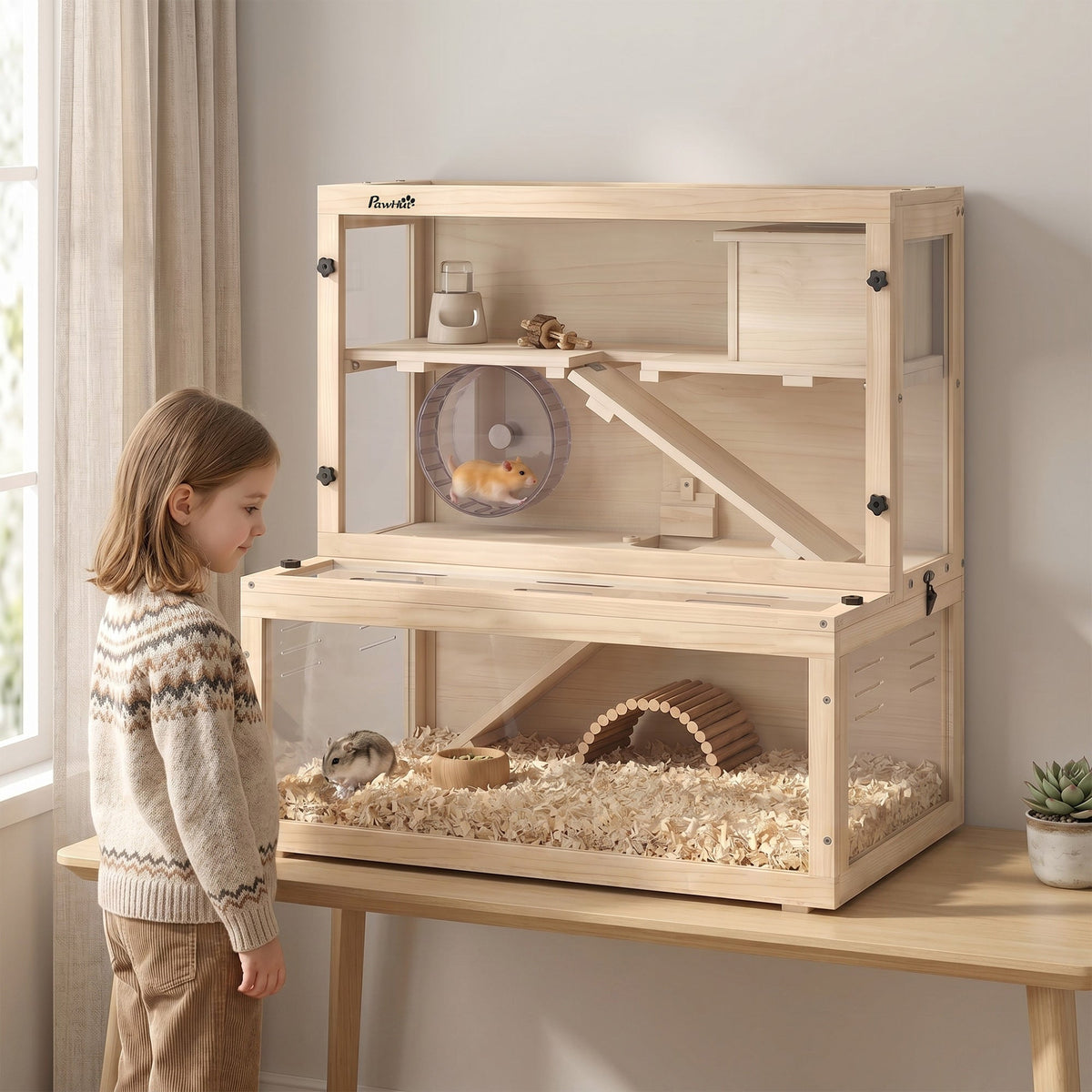 Wooden Hamster Cage, Large Gerbil Cage with Hut, Wheel, Ramps, 3 Tier Small Animal Habitat with Removable Viewing Panels, 80 x 50 x 84 cm, Natural