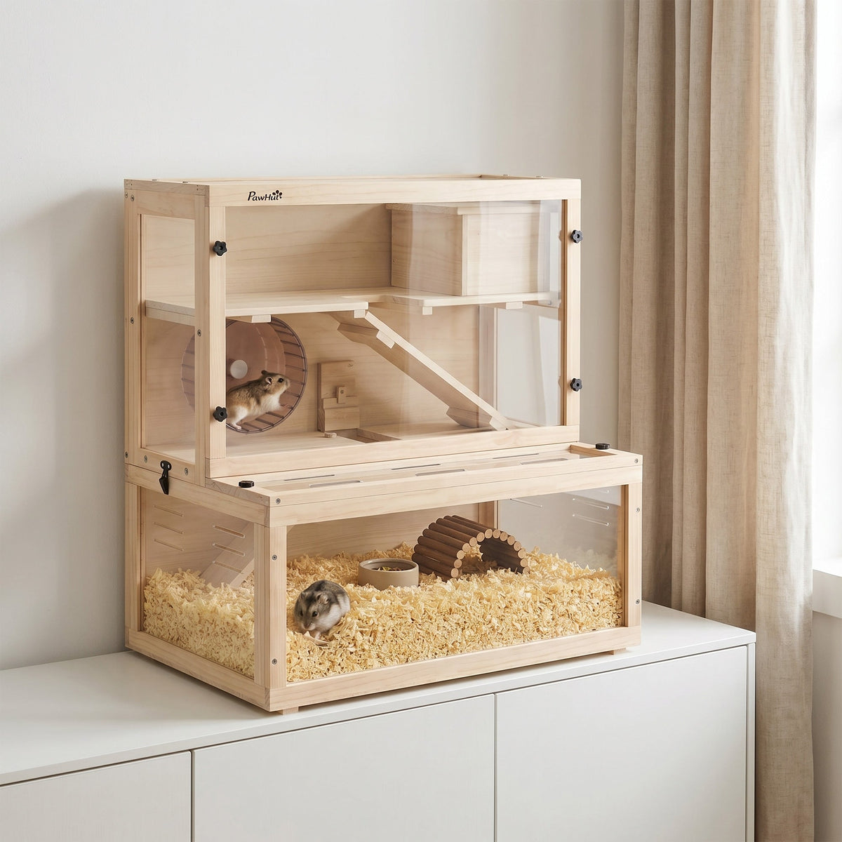Wooden Hamster Cage, Large Gerbil Cage with Hut, Wheel, Ramps, 3 Tier Small Animal Habitat with Removable Viewing Panels, 80 x 50 x 84 cm, Natural