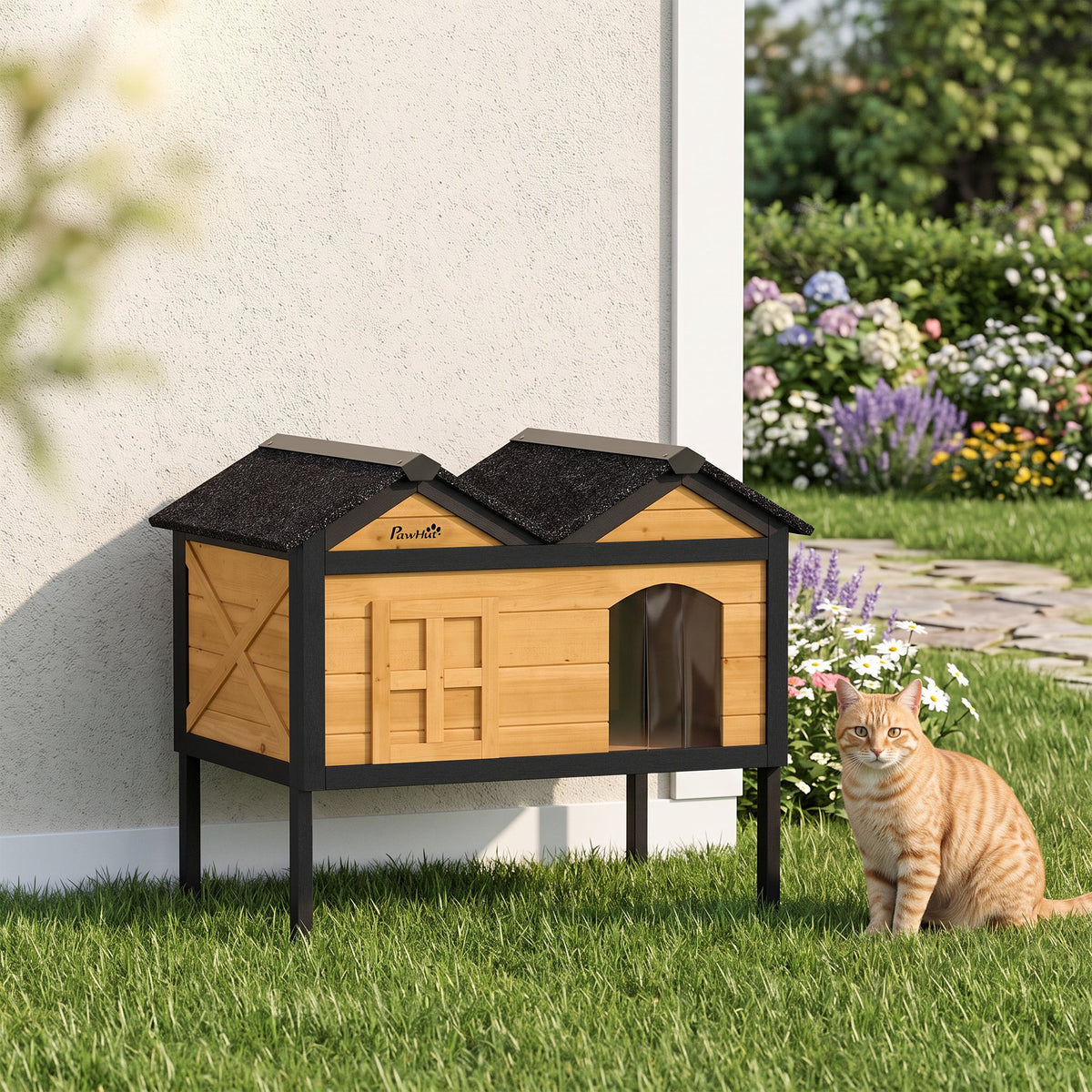Outdoor Cat House Wooden with Removable Liner, Raised Cat Shelter Outdoor Indoor, Weatherproof Asphalt Roof, Wide Side Cleaning Door, PVC Curtain, 1 Cat up to 10 kg