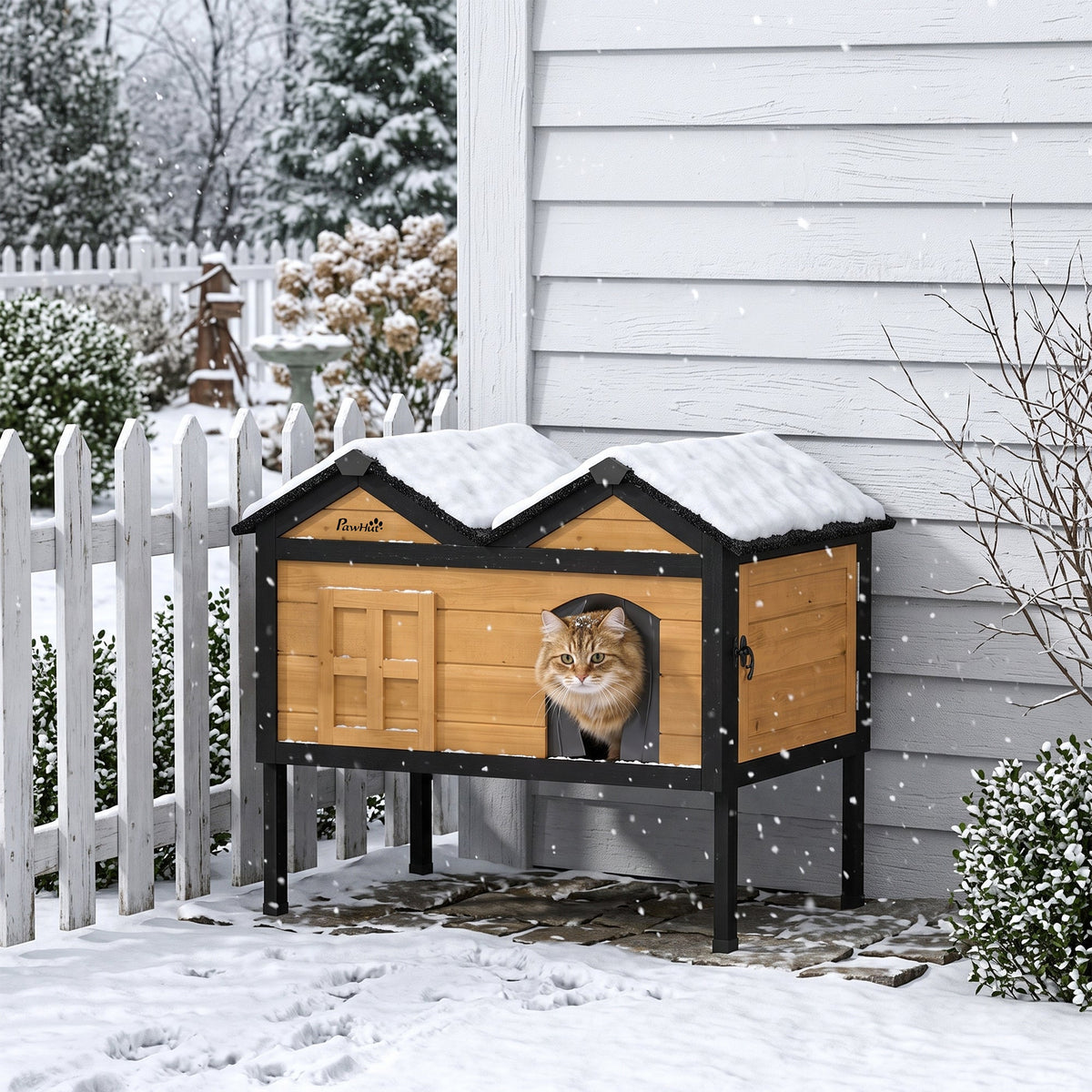 Outdoor Cat House Wooden with Removable Liner, Raised Cat Shelter Outdoor Indoor, Weatherproof Asphalt Roof, Wide Side Cleaning Door, PVC Curtain, 1 Cat up to 10 kg