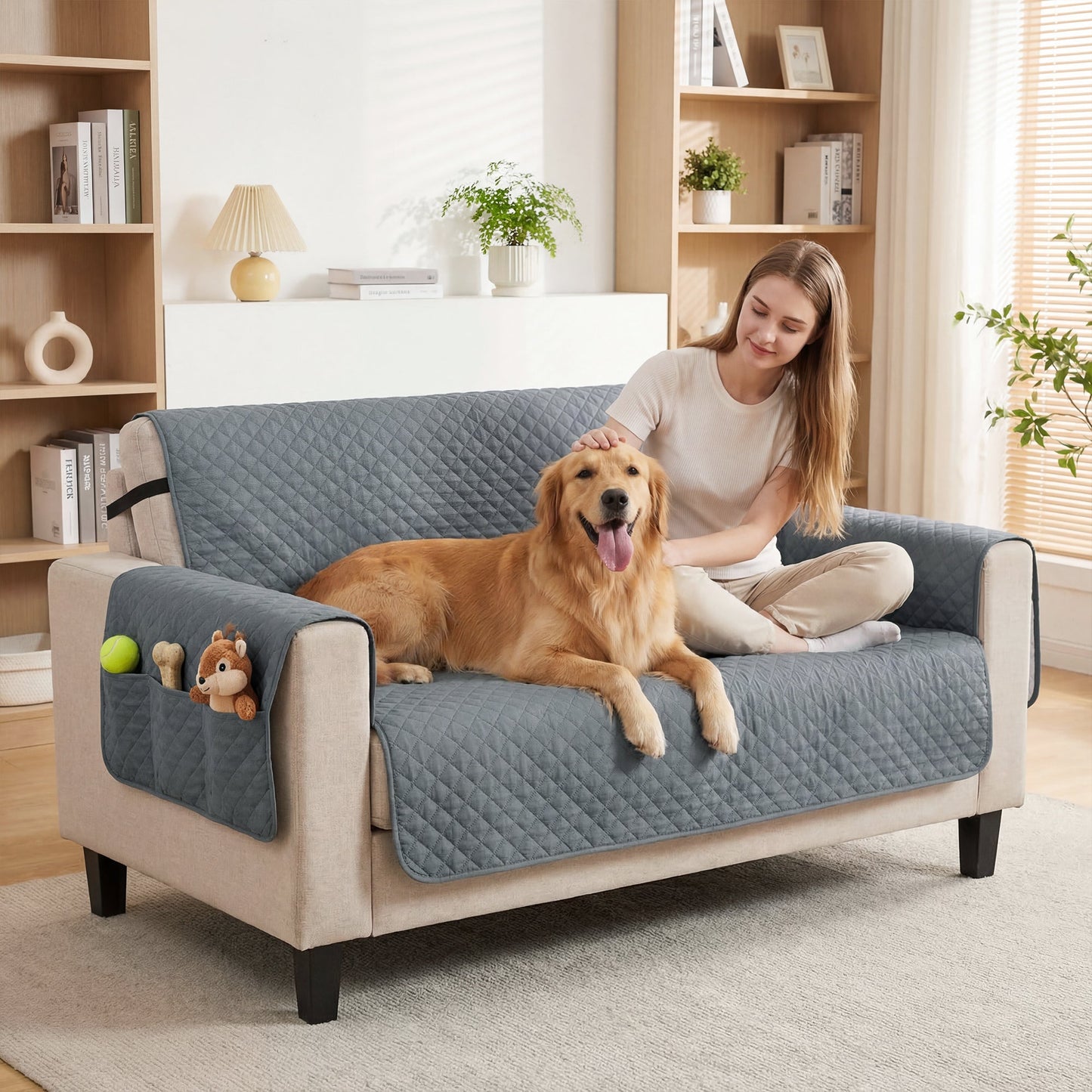 Waterproof Sofa Cover 2 Seater, Soft Couch Cover for Dogs Cats Pets, Non Slip Sofa Slipcoevr with Elastic Straps Furniture Protector for Living Room, Grey