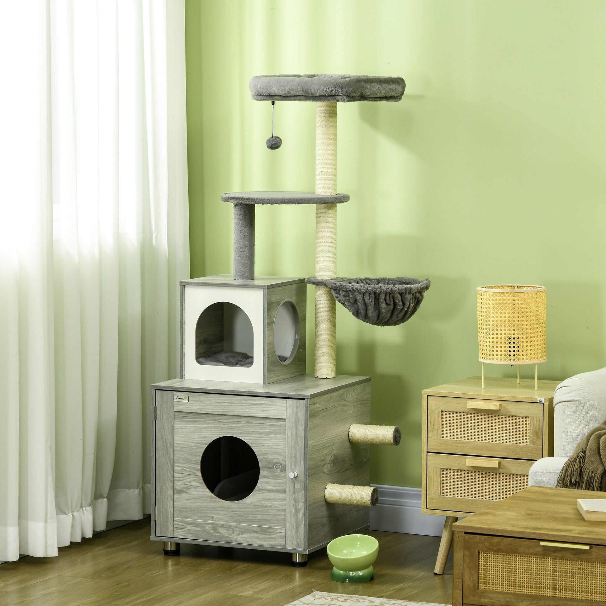 Cat Tower with Litter Box Enclosure, Cat Tree for Indoor Cats with Cat House, Scratching Post, Hammock, Grey