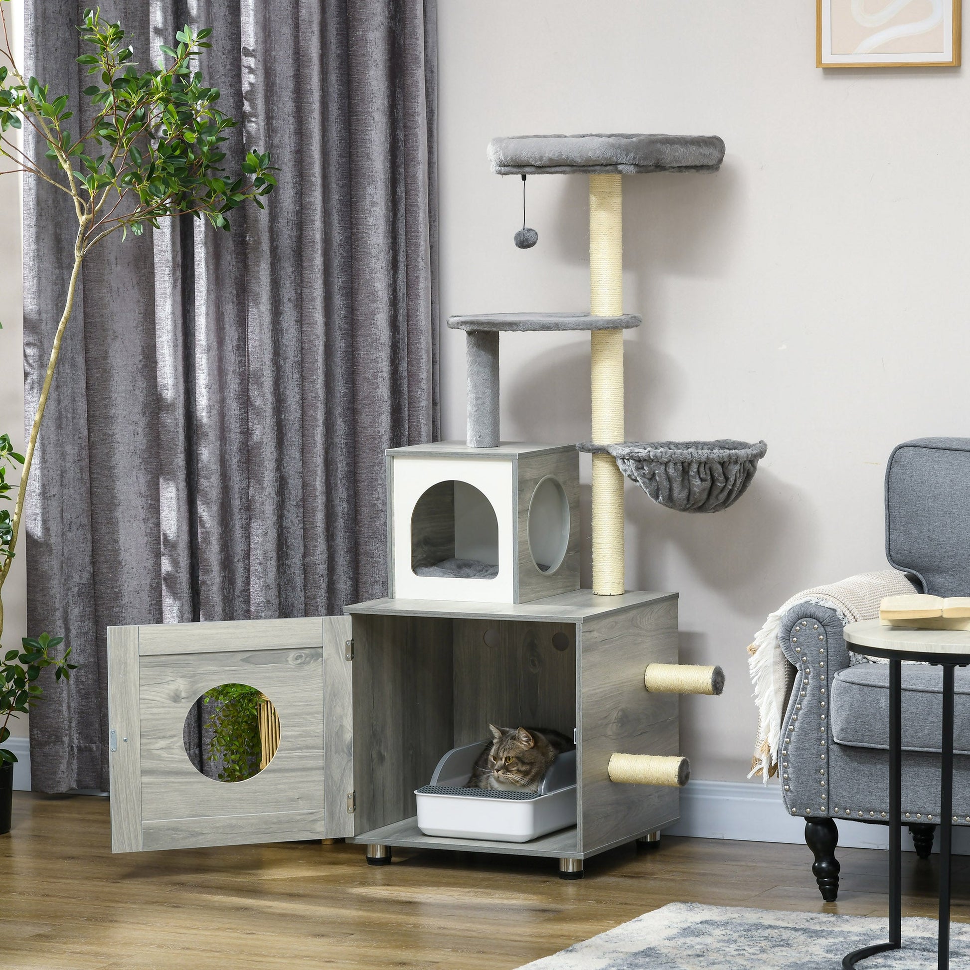 Cat Tower with Litter Box Enclosure, Cat Tree for Indoor Cats with Cat House, Scratching Post, Hammock, Grey