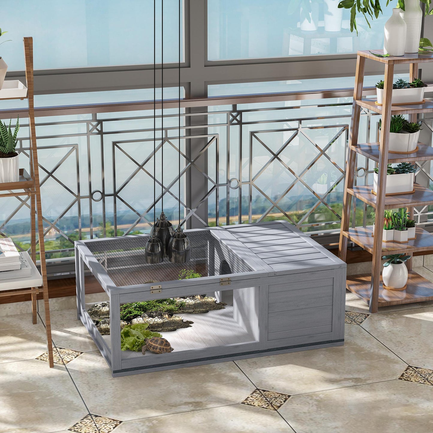 Tortoise House with Mesh Roof, Small Reptile Wooden House, Tortoise Enclosure with Removable Side Panel, for Indoor - Grey