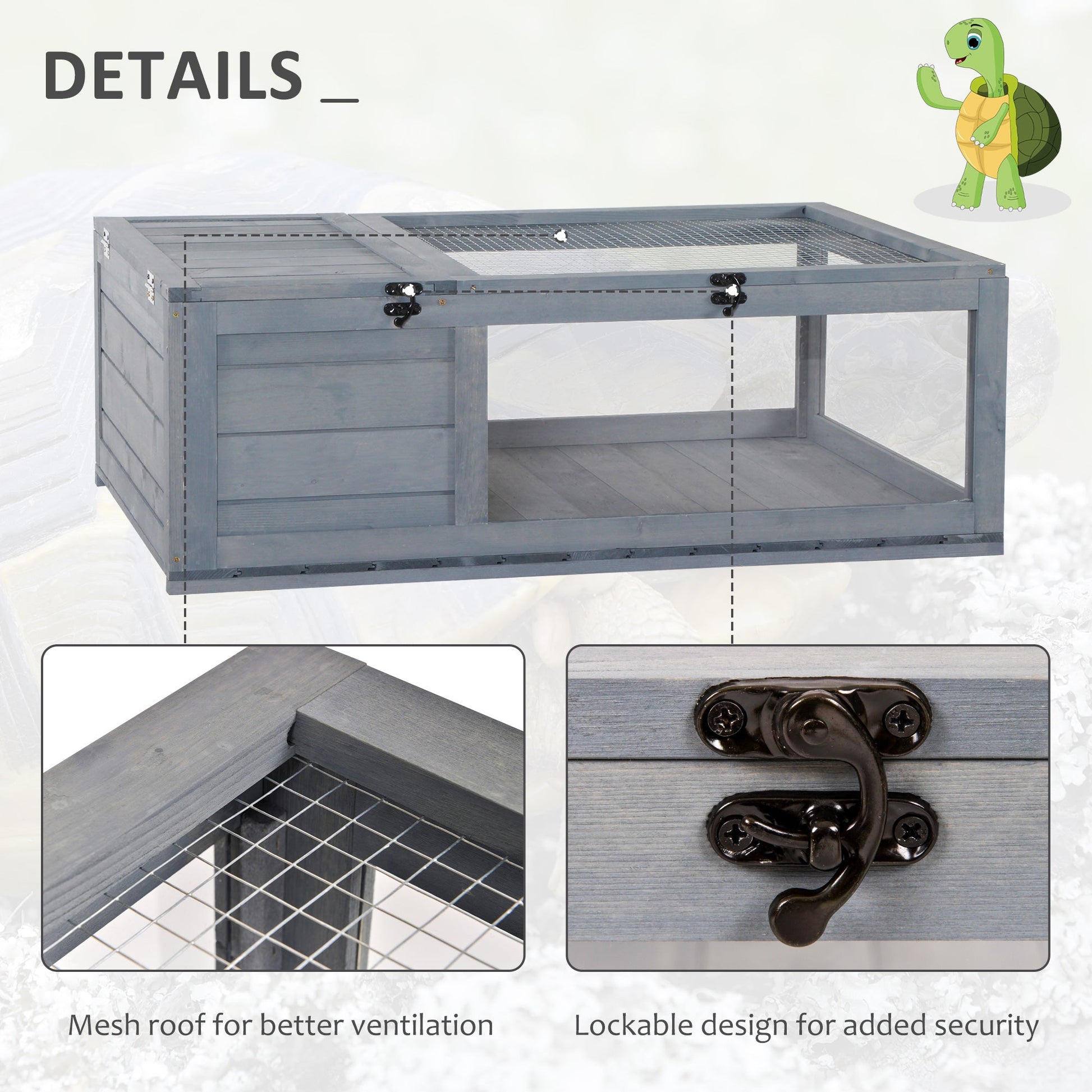 Tortoise House with Mesh Roof, Small Reptile Wooden House, Tortoise Enclosure with Removable Side Panel, for Indoor - Grey