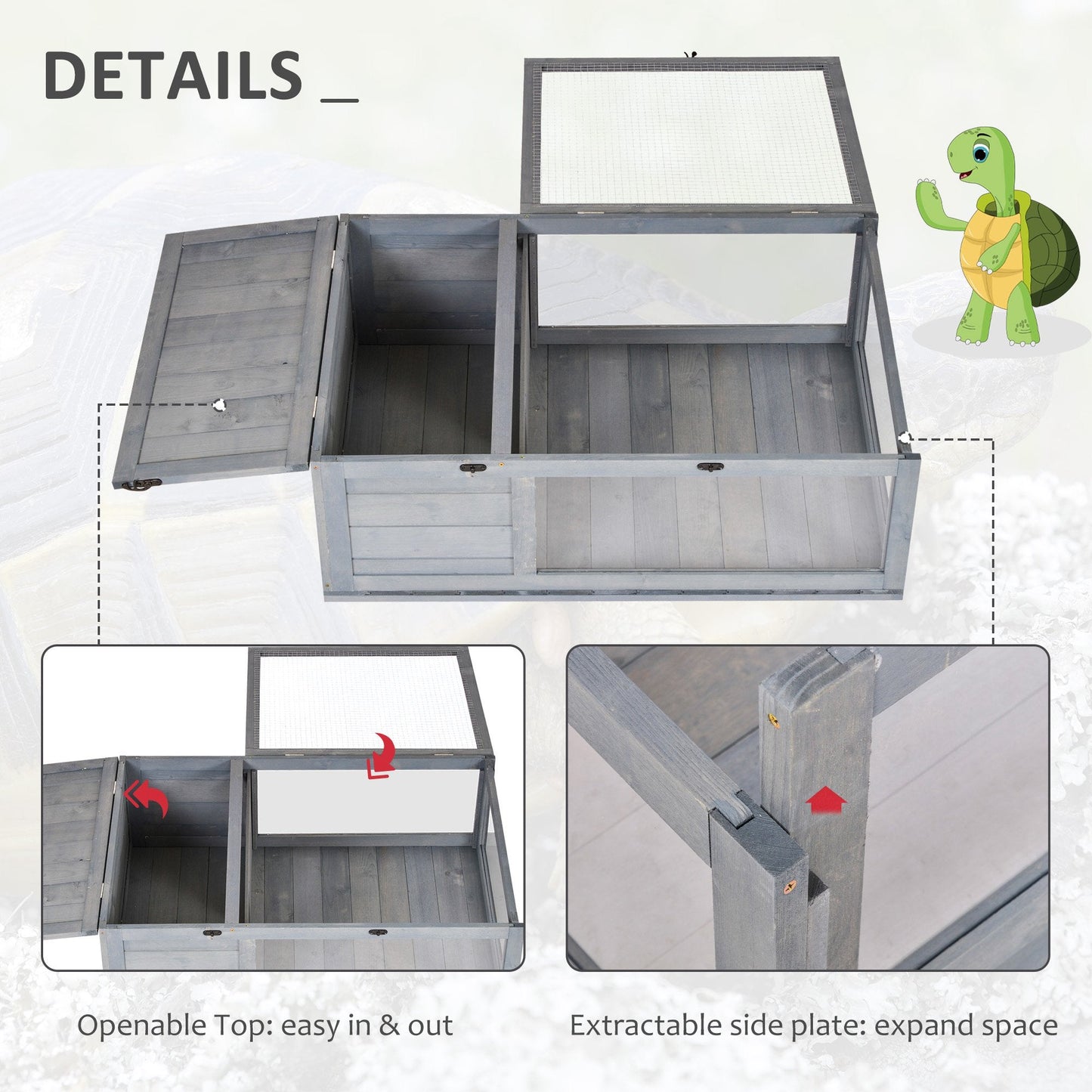 Tortoise House with Mesh Roof, Small Reptile Wooden House, Tortoise Enclosure with Removable Side Panel, for Indoor - Grey