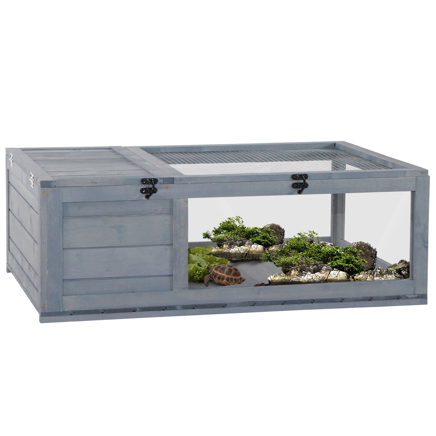 Tortoise House with Mesh Roof, Small Reptile Wooden House, Tortoise Enclosure with Removable Side Panel, for Indoor - Grey