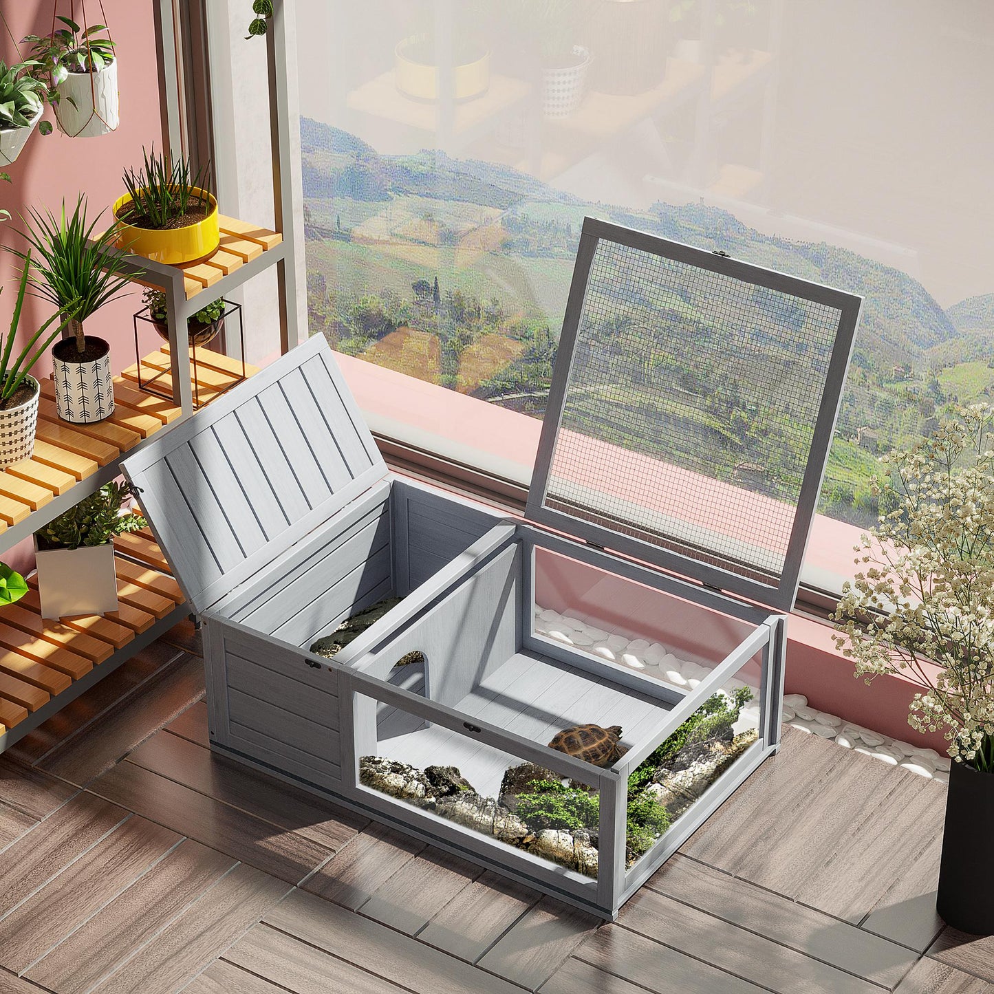 Tortoise House with Mesh Roof, Small Reptile Wooden House, Tortoise Enclosure with Removable Side Panel, for Indoor - Grey