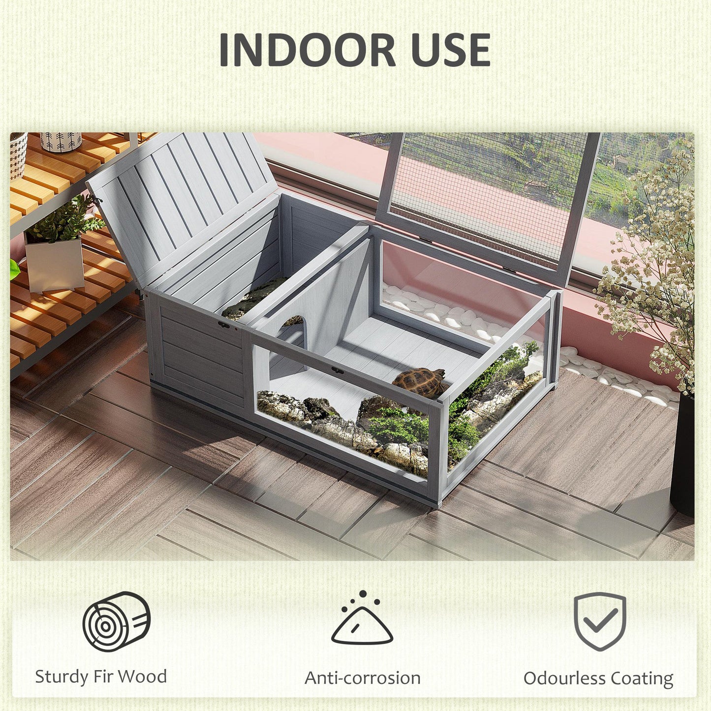 Tortoise House with Mesh Roof, Small Reptile Wooden House, Tortoise Enclosure with Removable Side Panel, for Indoor - Grey