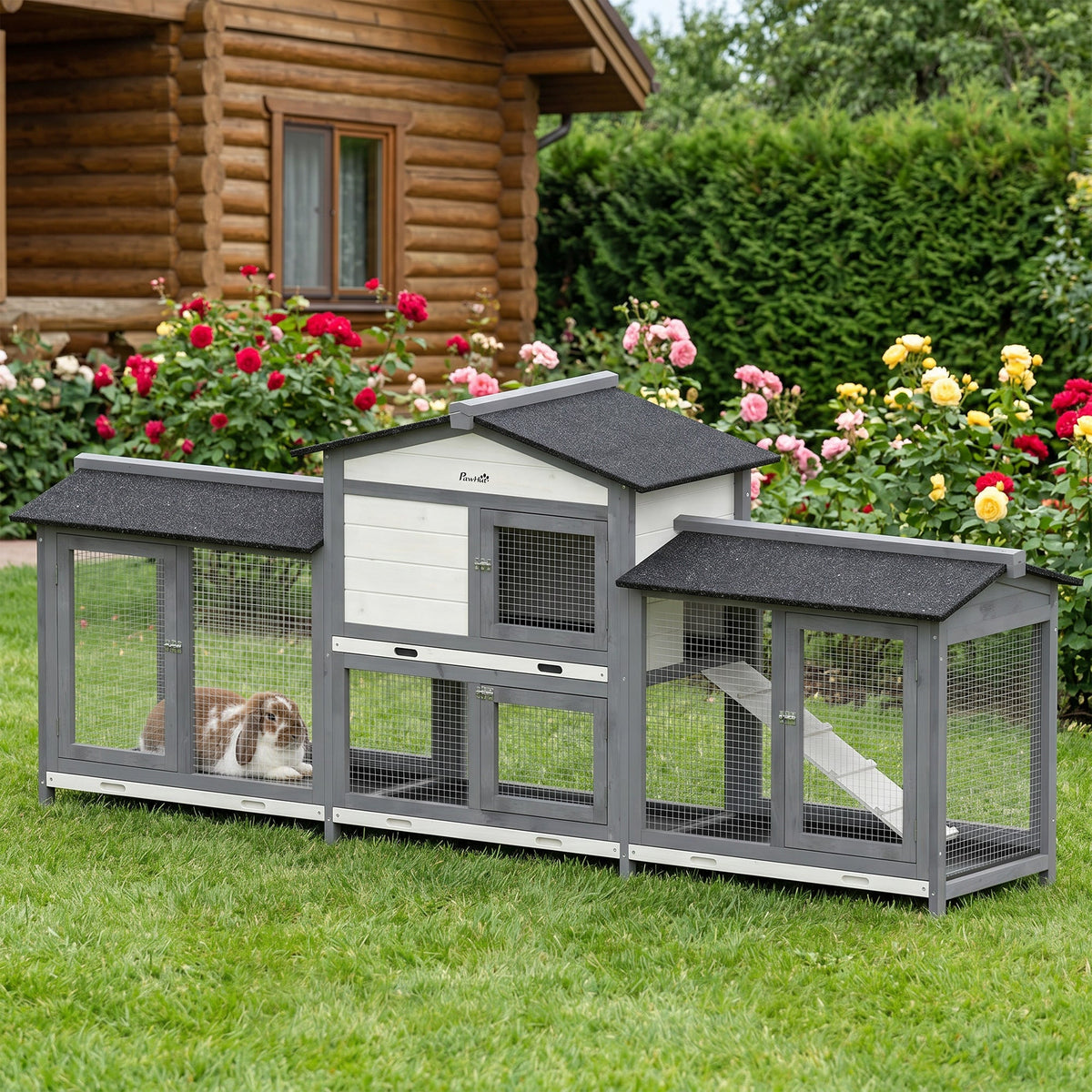 Large Rabbit Hutch, 2-Tier Wooden Guinea Pig Hutch with Double Side Run Boxes, Outdoor Bunny Cage Hide House with Waterproof Roof, Sliding Tray, Ramp, 230 x 53 x 93.5cm, Light Grey