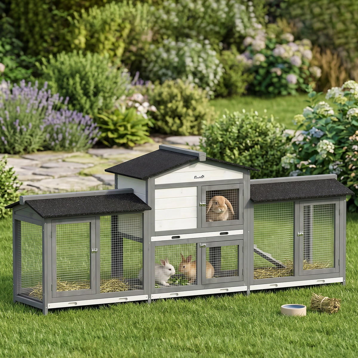 Large Rabbit Hutch, 2-Tier Wooden Guinea Pig Hutch with Double Side Run Boxes, Outdoor Bunny Cage Hide House with Waterproof Roof, Sliding Tray, Ramp, 230 x 53 x 93.5cm, Light Grey