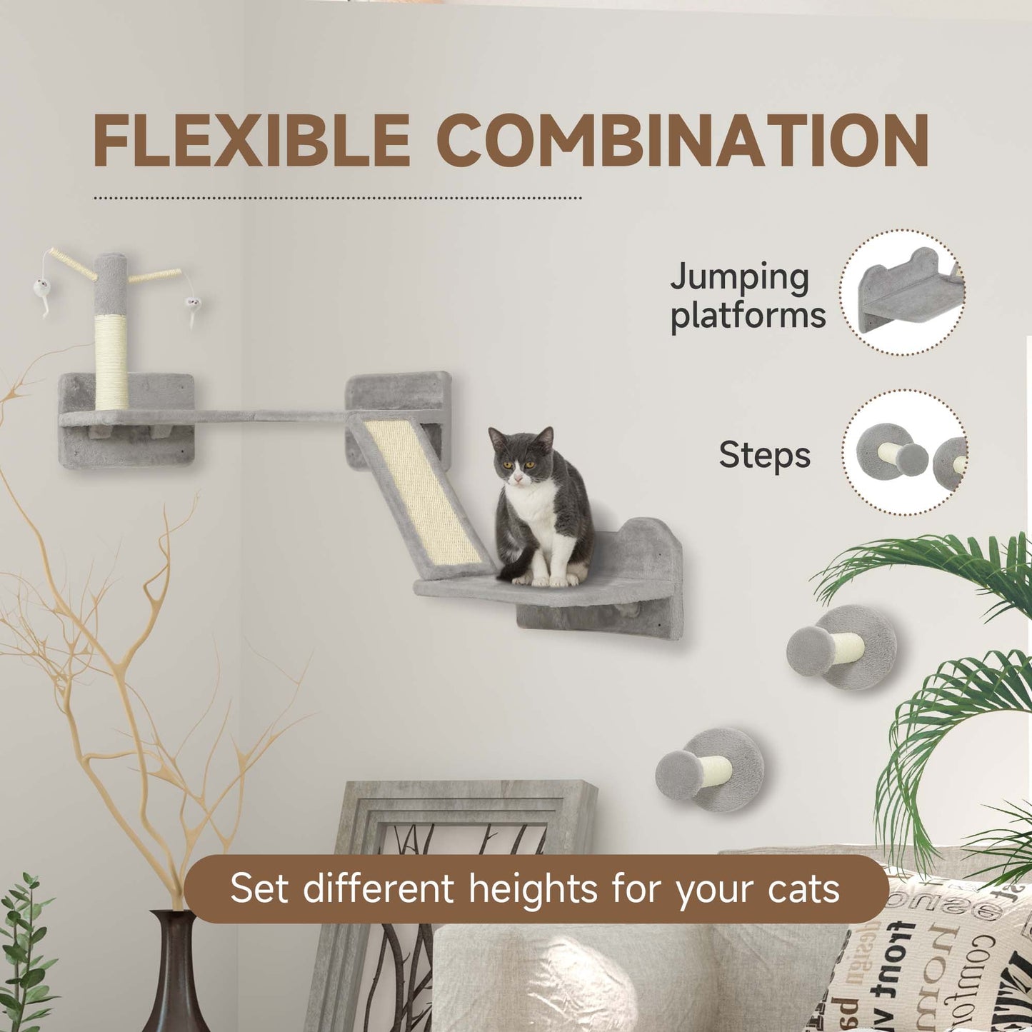Cat Wall Furniture, 3 Piece Cat Shelves with Scratching Posts, Scratching Pads, Perches, Cat Wands, Toy Balls, Corner Design Cat Wall Shelves for Indoor Cats, Kittens, Light Grey