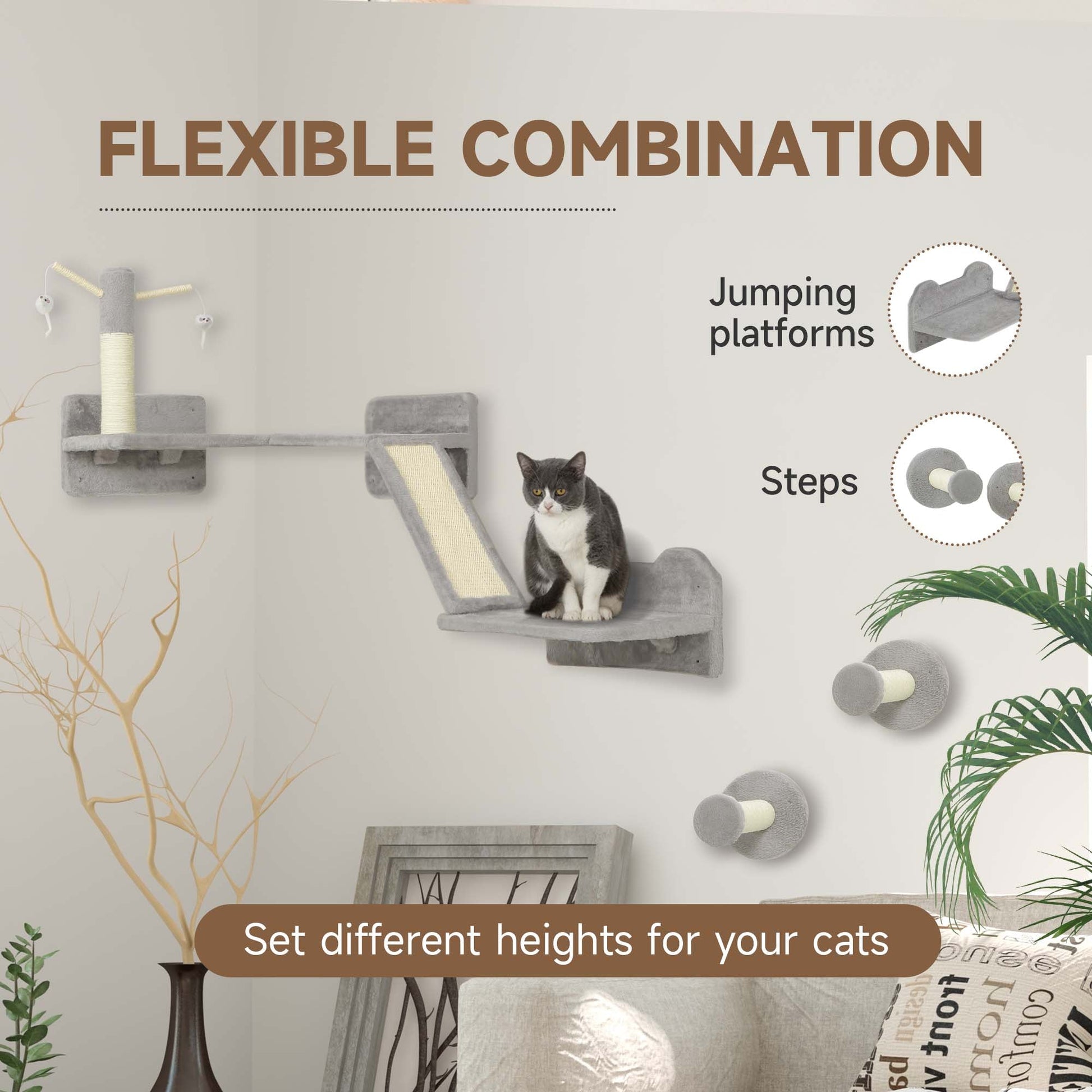 Cat Wall Furniture, 3 Piece Cat Shelves with Scratching Posts, Scratching Pads, Perches, Cat Wands, Toy Balls, Corner Design Cat Wall Shelves for Indoor Cats, Kittens, Light Grey
