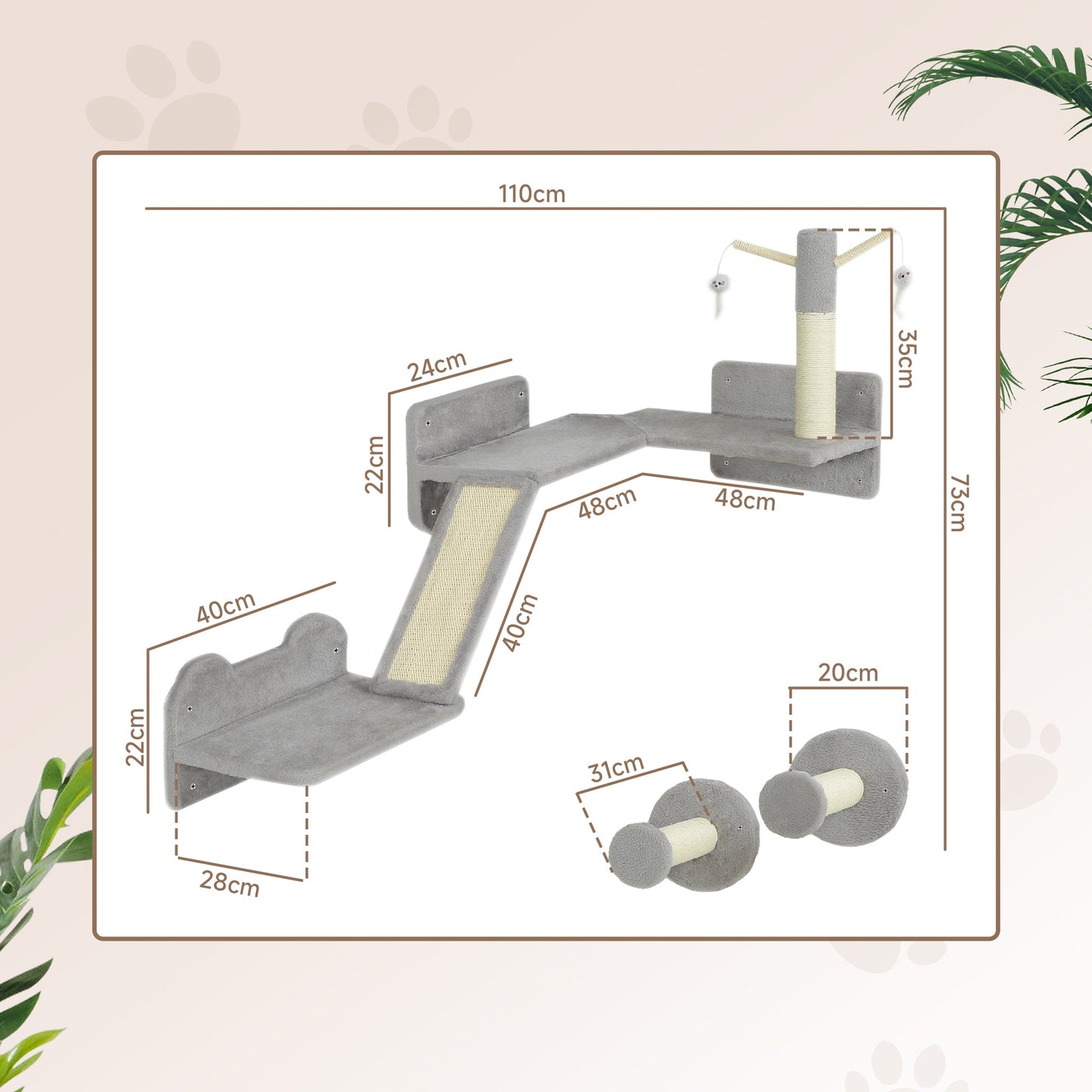 Cat Wall Furniture, 3 Piece Cat Shelves with Scratching Posts, Scratching Pads, Perches, Cat Wands, Toy Balls, Corner Design Cat Wall Shelves for Indoor Cats, Kittens, Light Grey