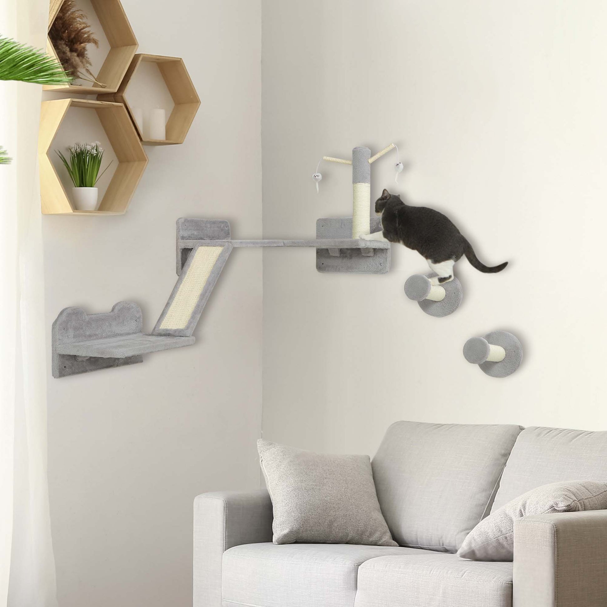 Cat Wall Furniture, 3 Piece Cat Shelves with Scratching Posts, Scratching Pads, Perches, Cat Wands, Toy Balls, Corner Design Cat Wall Shelves for Indoor Cats, Kittens, Light Grey