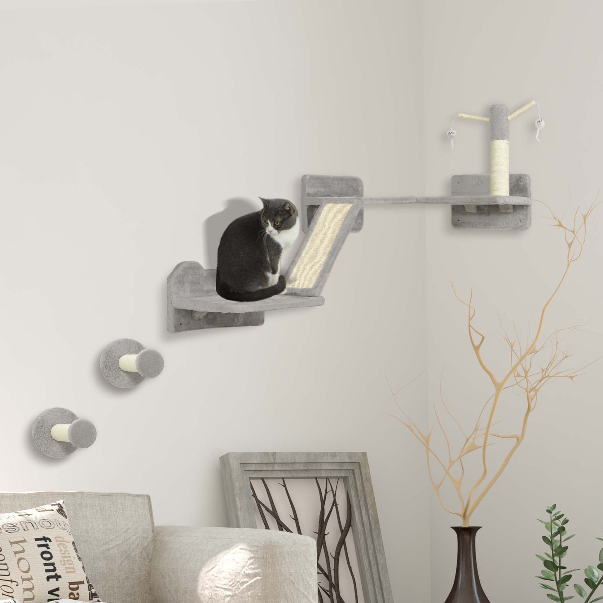 Cat Wall Furniture, 3 Piece Cat Shelves with Scratching Posts, Scratching Pads, Perches, Cat Wands, Toy Balls, Corner Design Cat Wall Shelves for Indoor Cats, Kittens, Light Grey