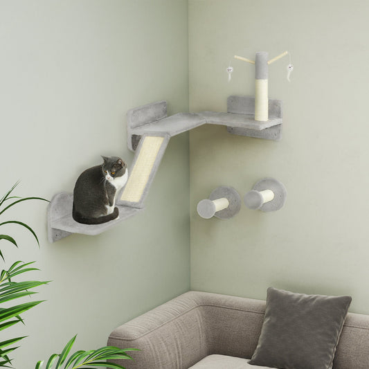 Cat Wall Furniture, 3 Piece Cat Shelves with Scratching Posts, Scratching Pads, Perches, Cat Wands, Toy Balls, Corner Design Cat Wall Shelves for Indoor Cats, Kittens, Light Grey