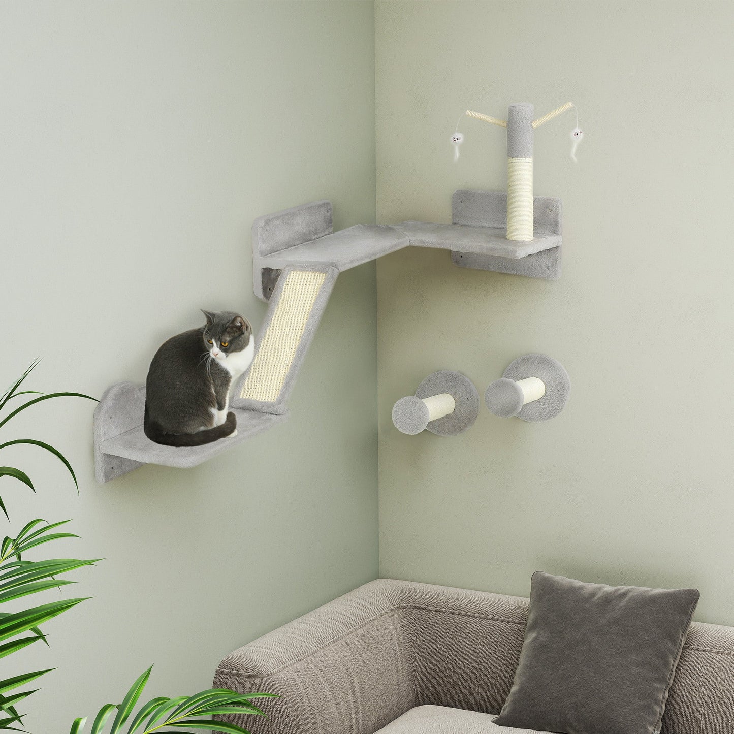 Cat Wall Furniture, 3 Piece Cat Shelves with Scratching Posts, Scratching Pads, Perches, Cat Wands, Toy Balls, Corner Design Cat Wall Shelves for Indoor Cats, Kittens, Light Grey