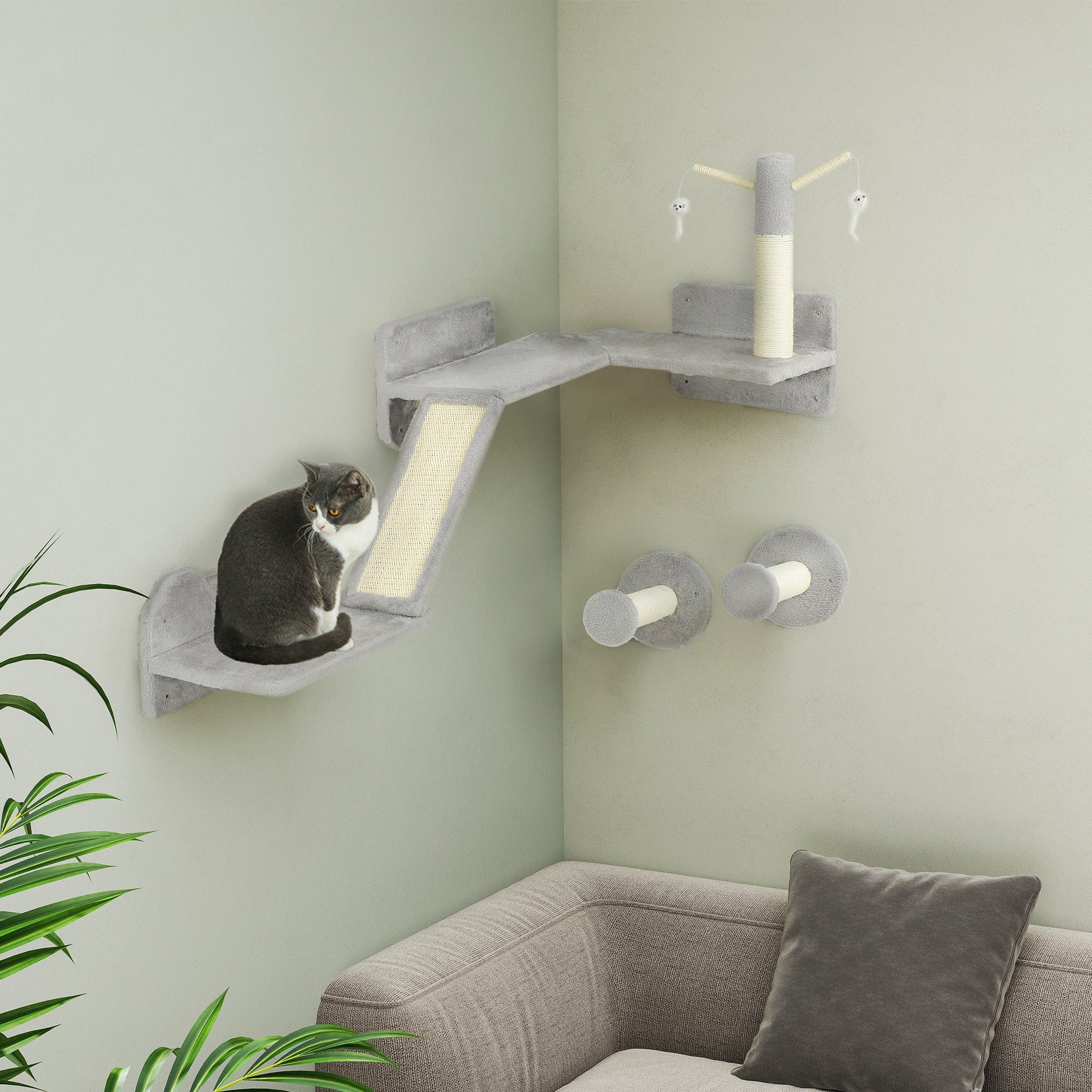 Cat Wall Furniture, 3 Piece Cat Shelves with Scratching Posts, Scratching Pads, Perches, Cat Wands, Toy Balls, Corner Design Cat Wall Shelves for Indoor Cats, Kittens, Light Grey