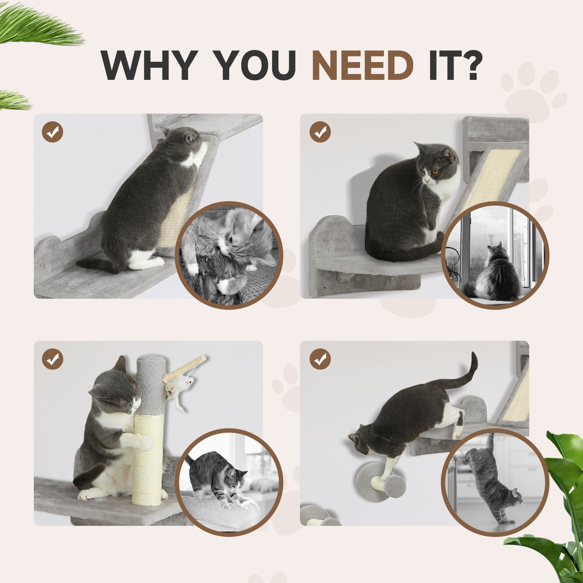 Cat Wall Furniture, 3 Piece Cat Shelves with Scratching Posts, Scratching Pads, Perches, Cat Wands, Toy Balls, Corner Design Cat Wall Shelves for Indoor Cats, Kittens, Light Grey
