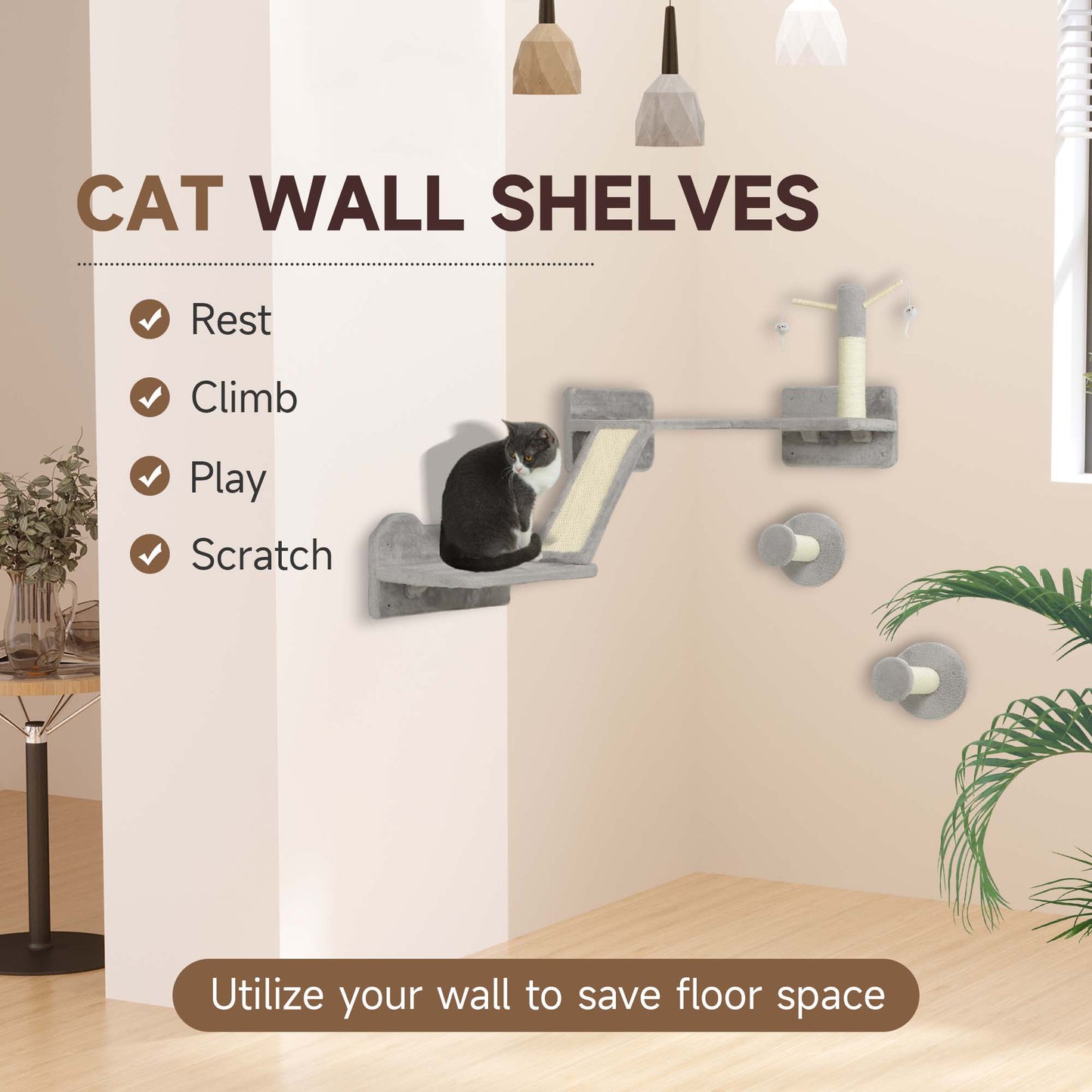 Cat Wall Furniture, 3 Piece Cat Shelves with Scratching Posts, Scratching Pads, Perches, Cat Wands, Toy Balls, Corner Design Cat Wall Shelves for Indoor Cats, Kittens, Light Grey