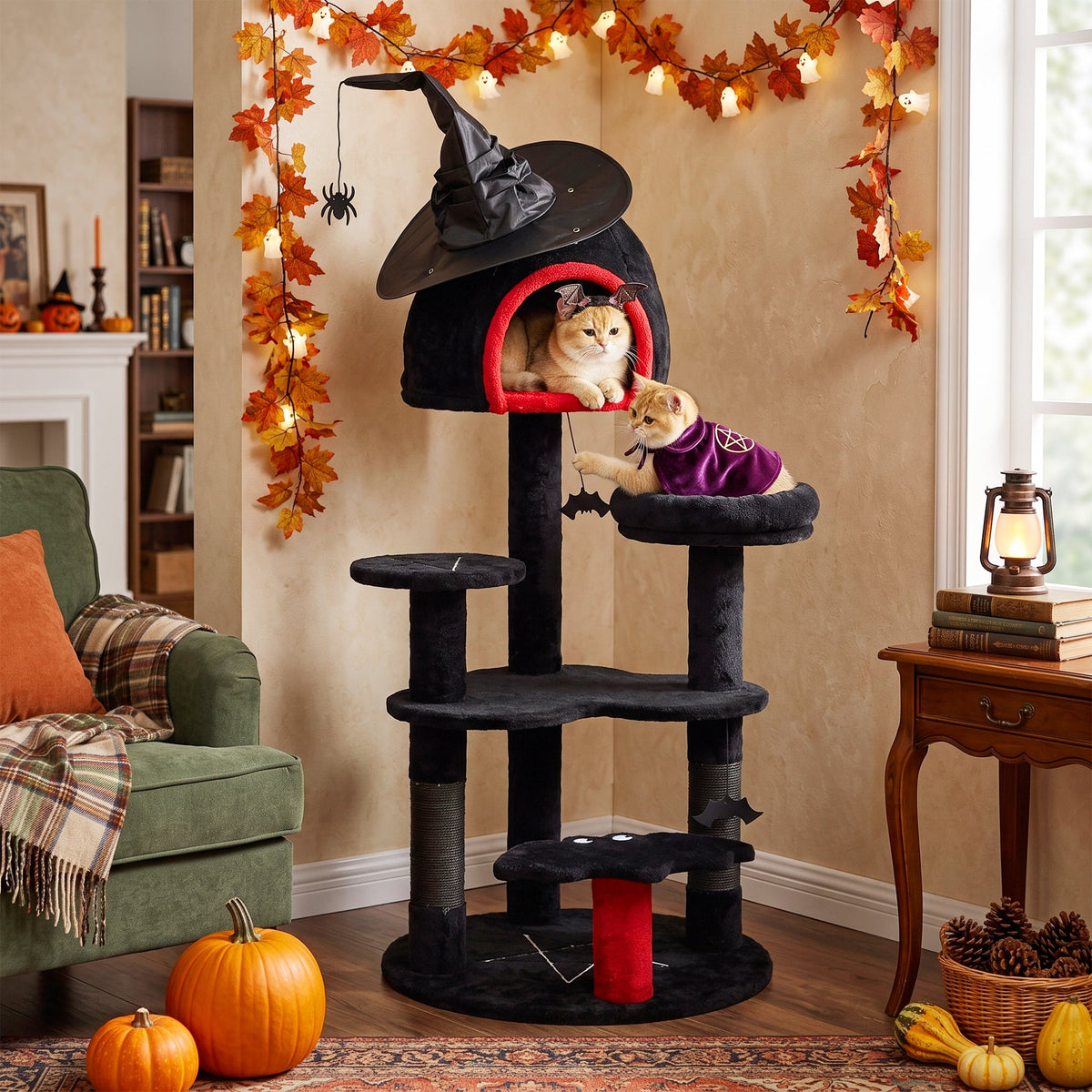 Gothic Cat Tree, 155cm Cat Tower for Indoor Kittens, Multi-Level Stable Kitten Activity Centre with Sisal Scratching Posts, Bed and Condo for Climbing, Playing, Relaxing, Black, Halloween