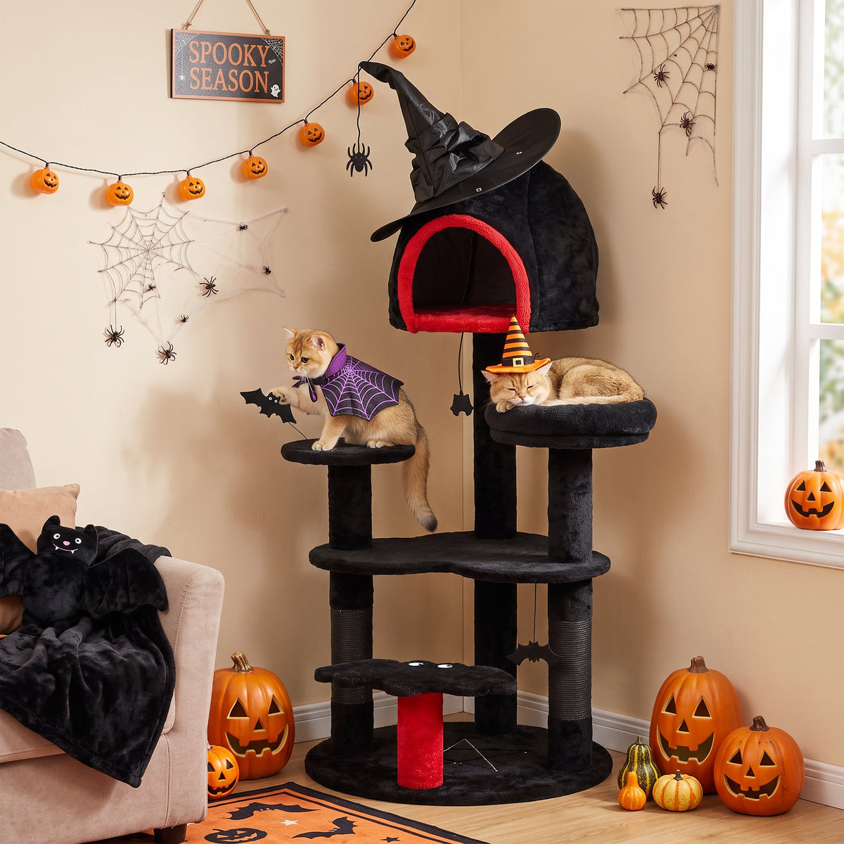 Gothic Cat Tree, 155cm Cat Tower for Indoor Kittens, Multi-Level Stable Kitten Activity Centre with Sisal Scratching Posts, Bed and Condo for Climbing, Playing, Relaxing, Black, Halloween