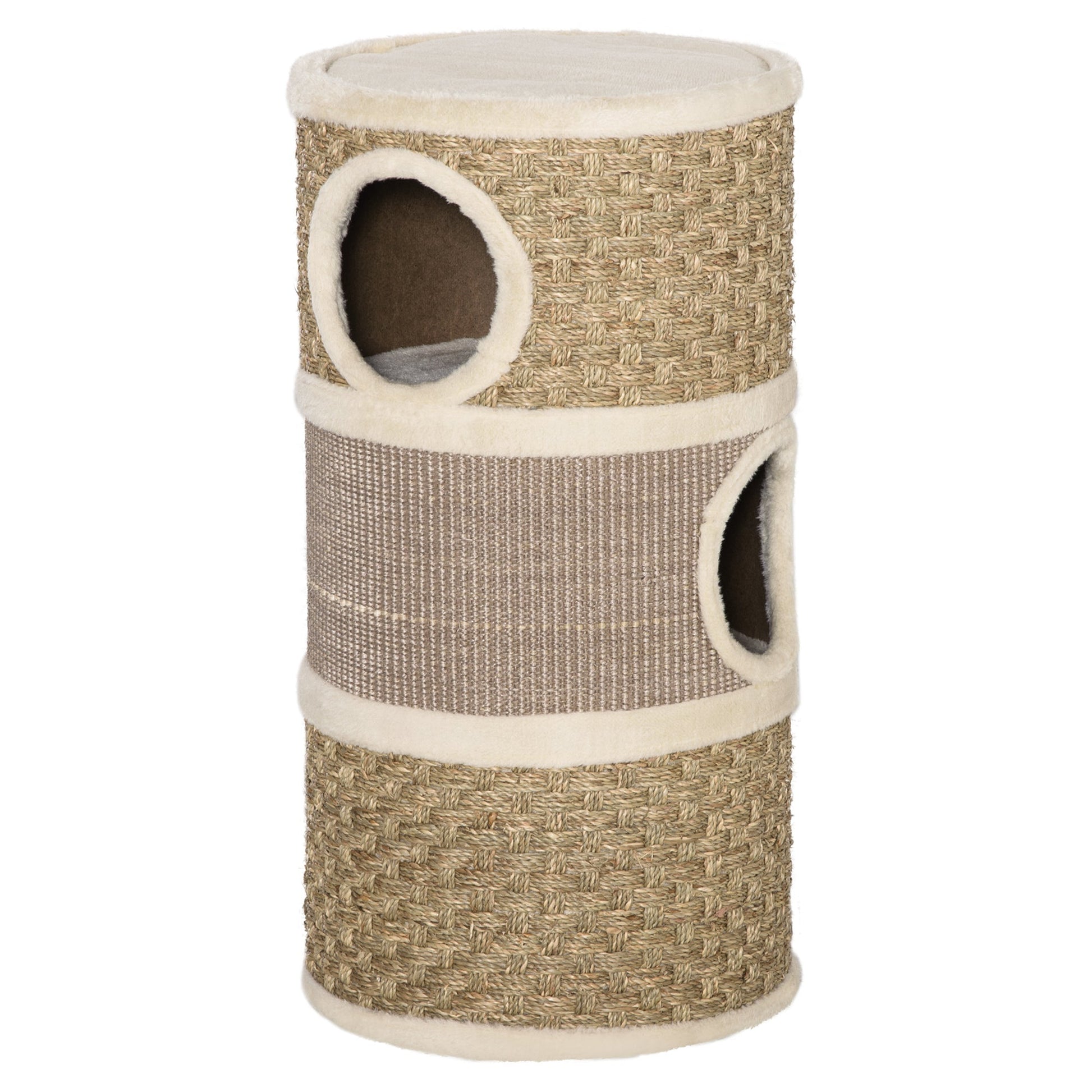 Cat Scratching Barrel Kitten Tree Tower for Indoor Cats Pet Furniture Climbing Frame Covered with Sisal and Seaweed Rope Cozy Platform Soft Plush