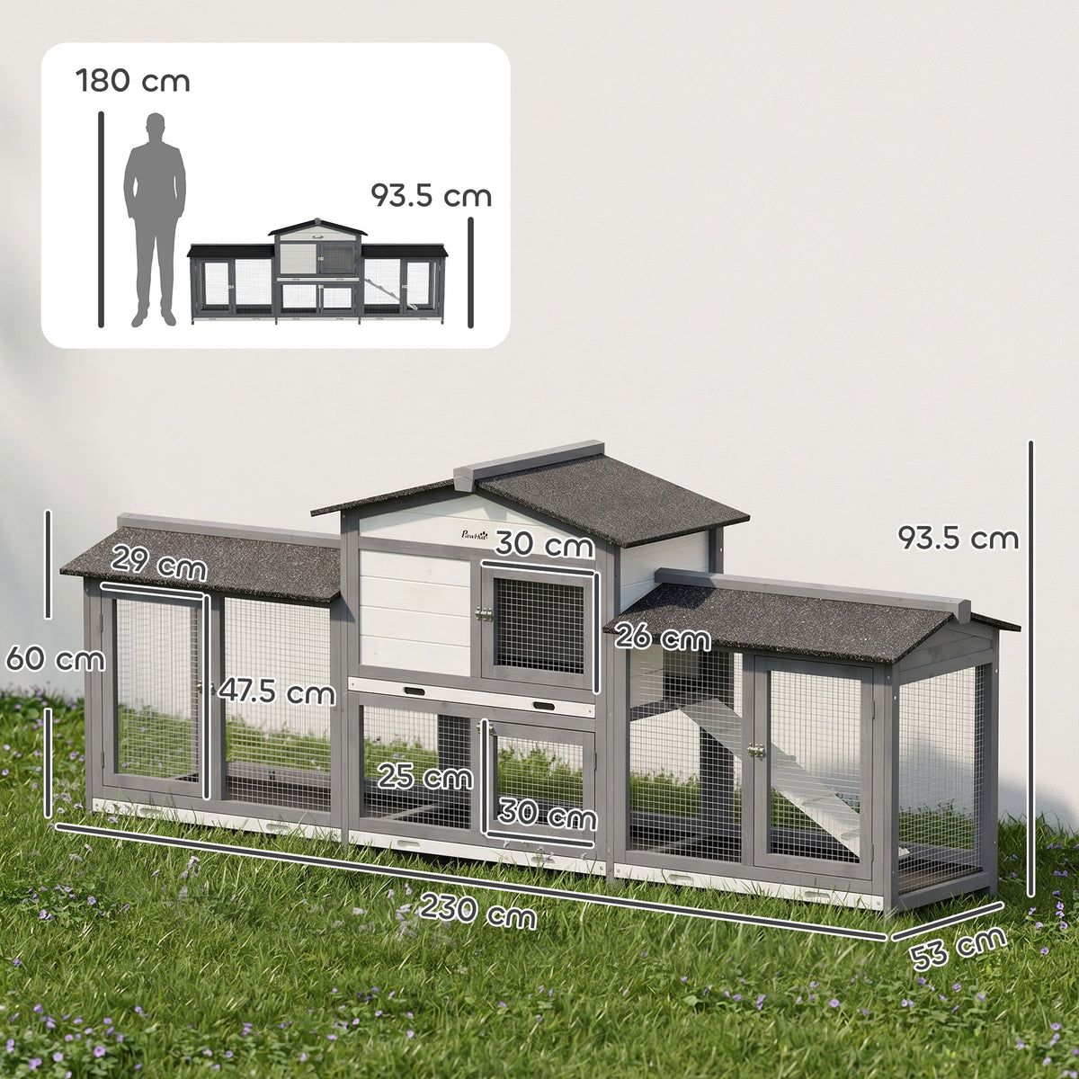 Large Rabbit Hutch, 2-Tier Wooden Guinea Pig Hutch with Double Side Run Boxes, Outdoor Bunny Cage Hide House with Waterproof Roof, Sliding Tray, Ramp, 230 x 53 x 93.5cm, Light Grey