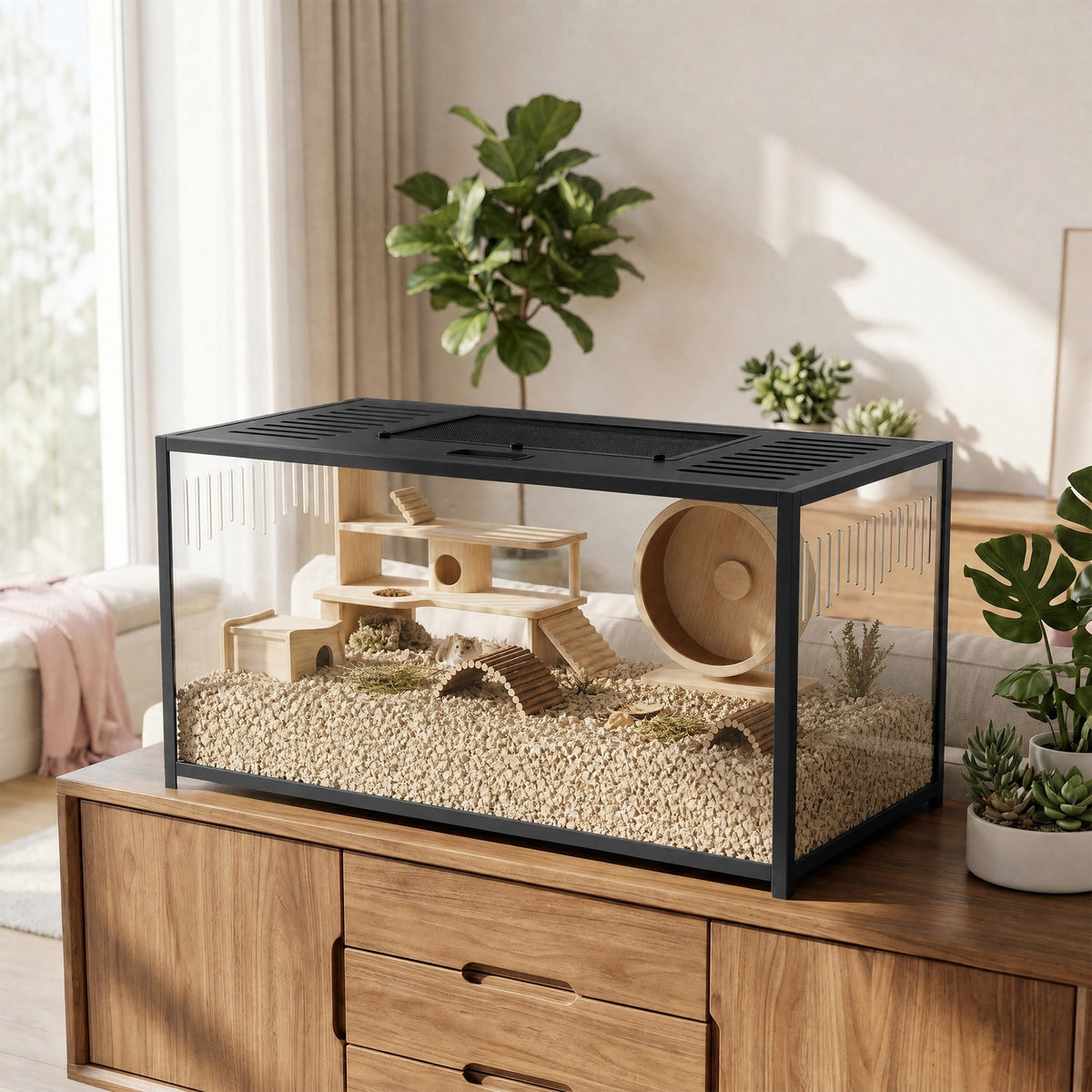Large Hamster Cage, Chewproof Metal Rat Cage with Deep Base, Openable Top & Excellent Ventilation, Transparent Small Animal Habitat for Syrian Dwarf Hamster, Gerbil, 100 x 50 x 52.5 cm, Black