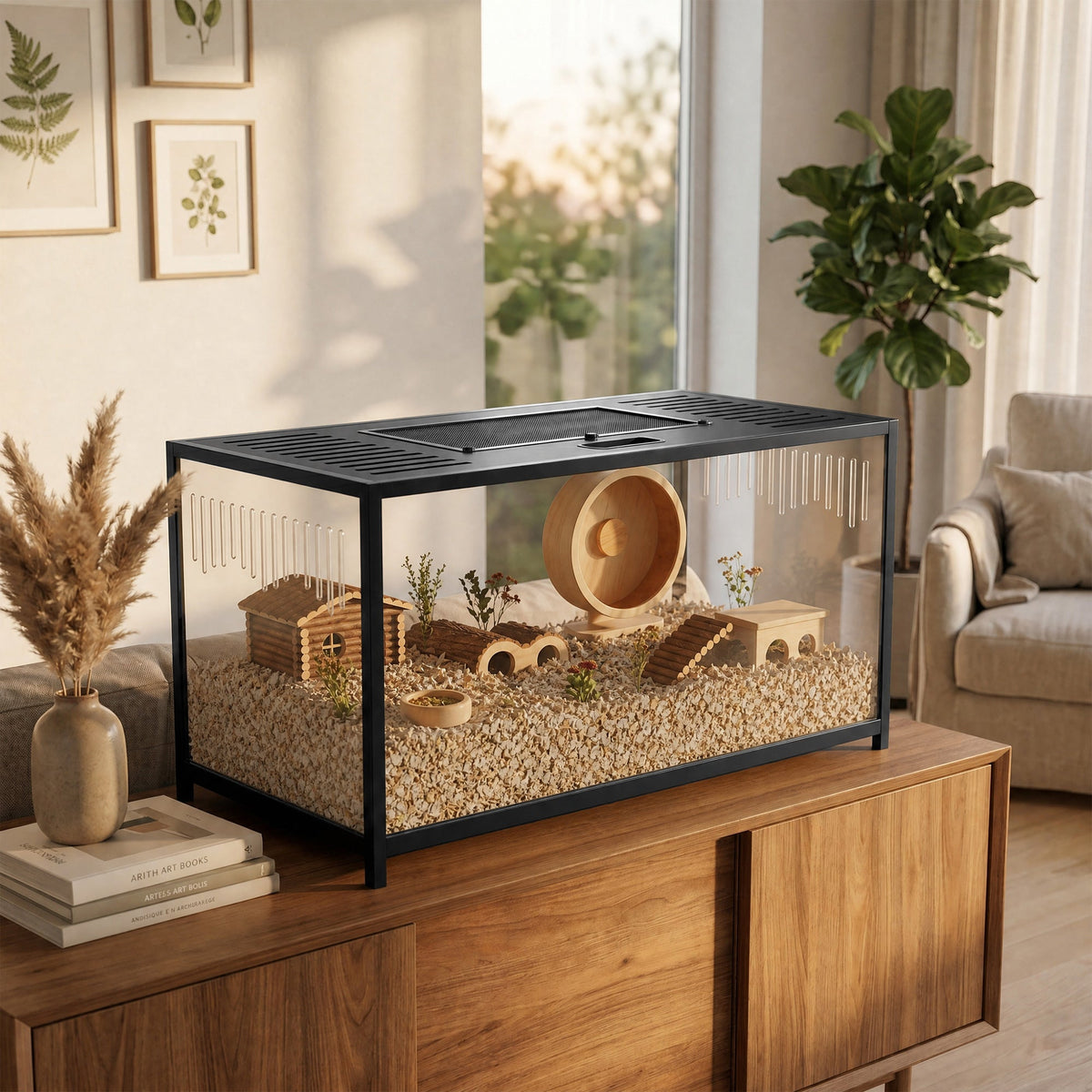 Large Hamster Cage, Chewproof Metal Rat Cage with Deep Base, Openable Top & Excellent Ventilation, Transparent Small Animal Habitat for Syrian Dwarf Hamster, Gerbil, 100 x 50 x 52.5 cm, Black