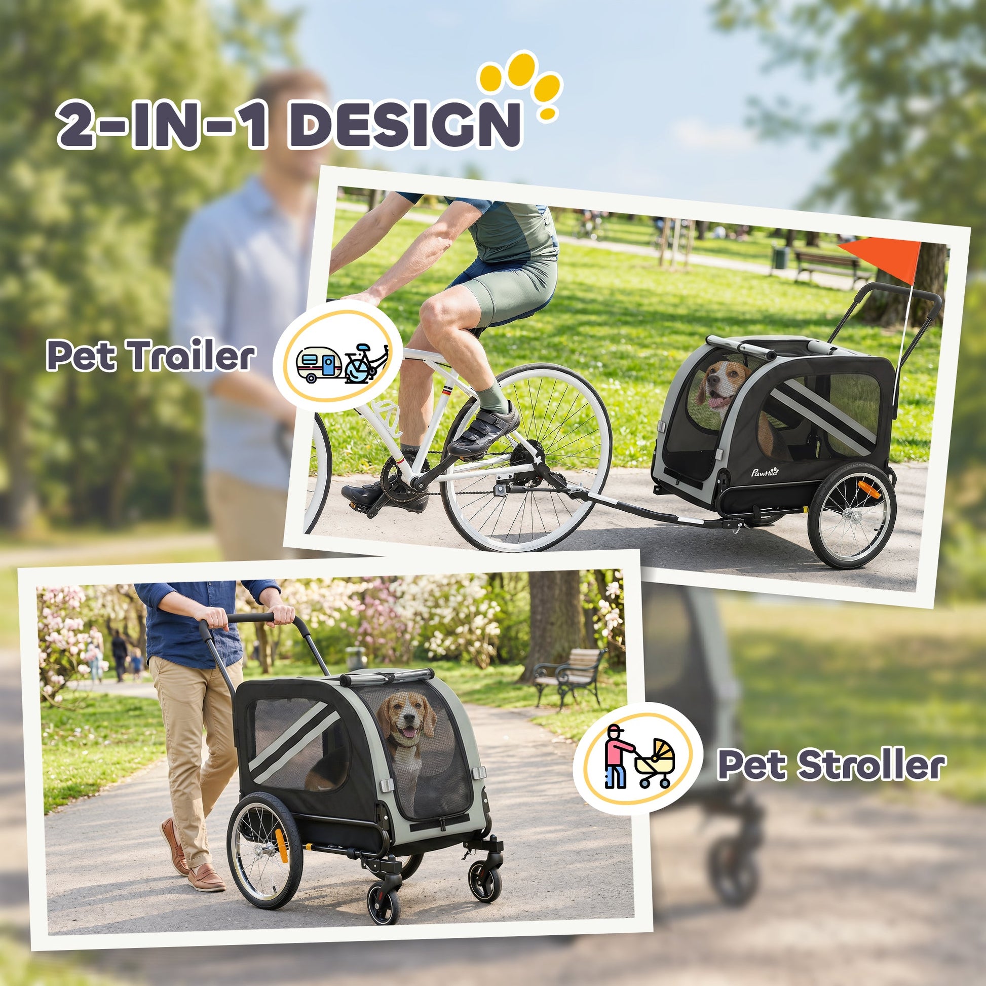 Dog Bike Trailer, 2 in 1 Foldable Pet Stroller Security Harness, Reflectors, Quick Release Wheels, Flag, for Medium Dogs, Grey