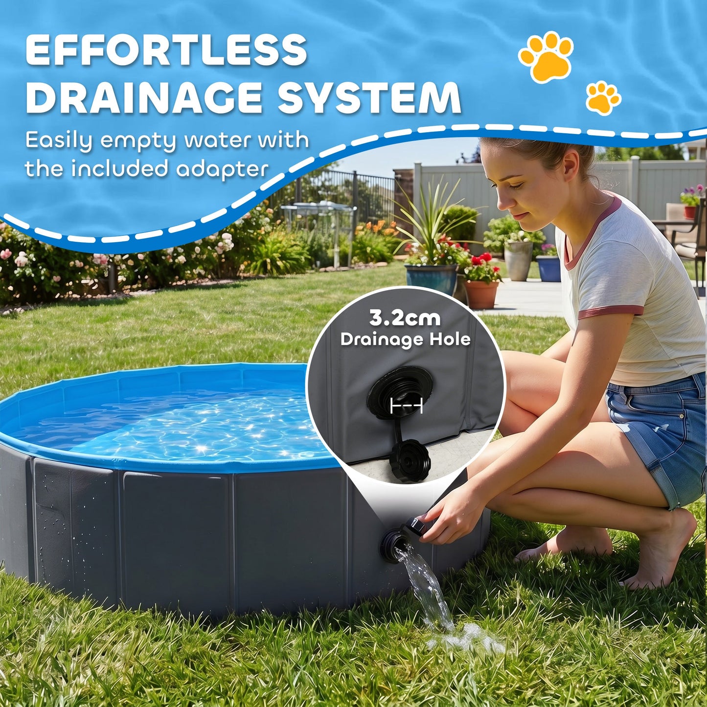 Foldable Dog Pool for Puppies and Ducks, Thickened PVC Dog Paddling Pool Bath Tub Hard Board, Anti-Slip Bottom and Hose Adapter for Easy Drainage, 80 x 20cm, Blue and Dark Grey