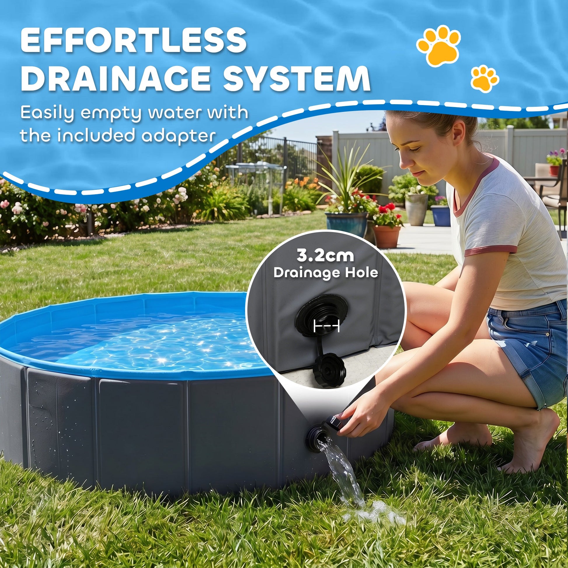 Foldable Dog Pool for Puppies and Ducks, Thickened PVC Dog Paddling Pool Bath Tub Hard Board, Anti-Slip Bottom and Hose Adapter for Easy Drainage, 80 x 20cm, Blue and Dark Grey