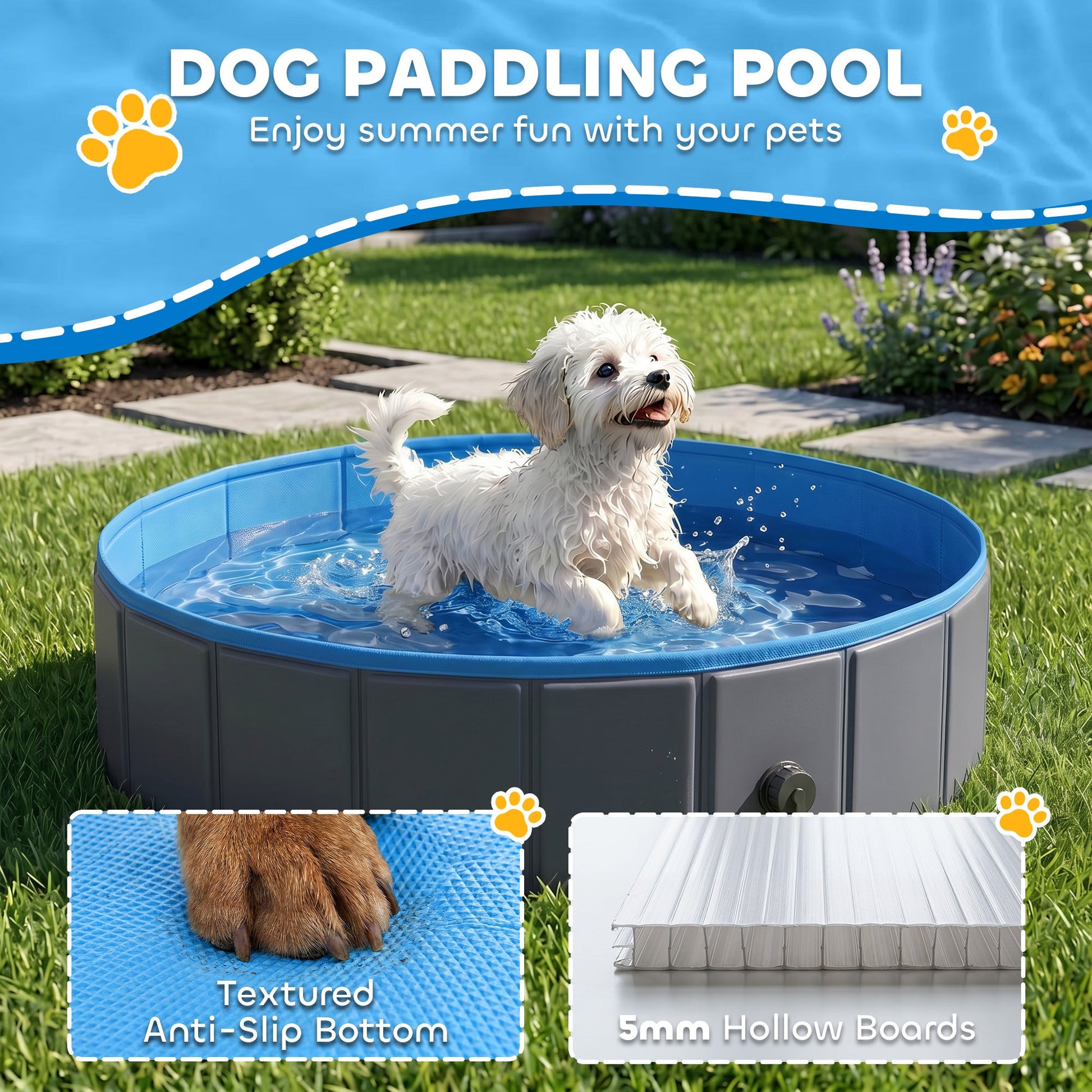 Foldable Dog Pool for Puppies and Ducks, Thickened PVC Dog Paddling Pool Bath Tub Hard Board, Anti-Slip Bottom and Hose Adapter for Easy Drainage, 80 x 20cm, Blue and Dark Grey
