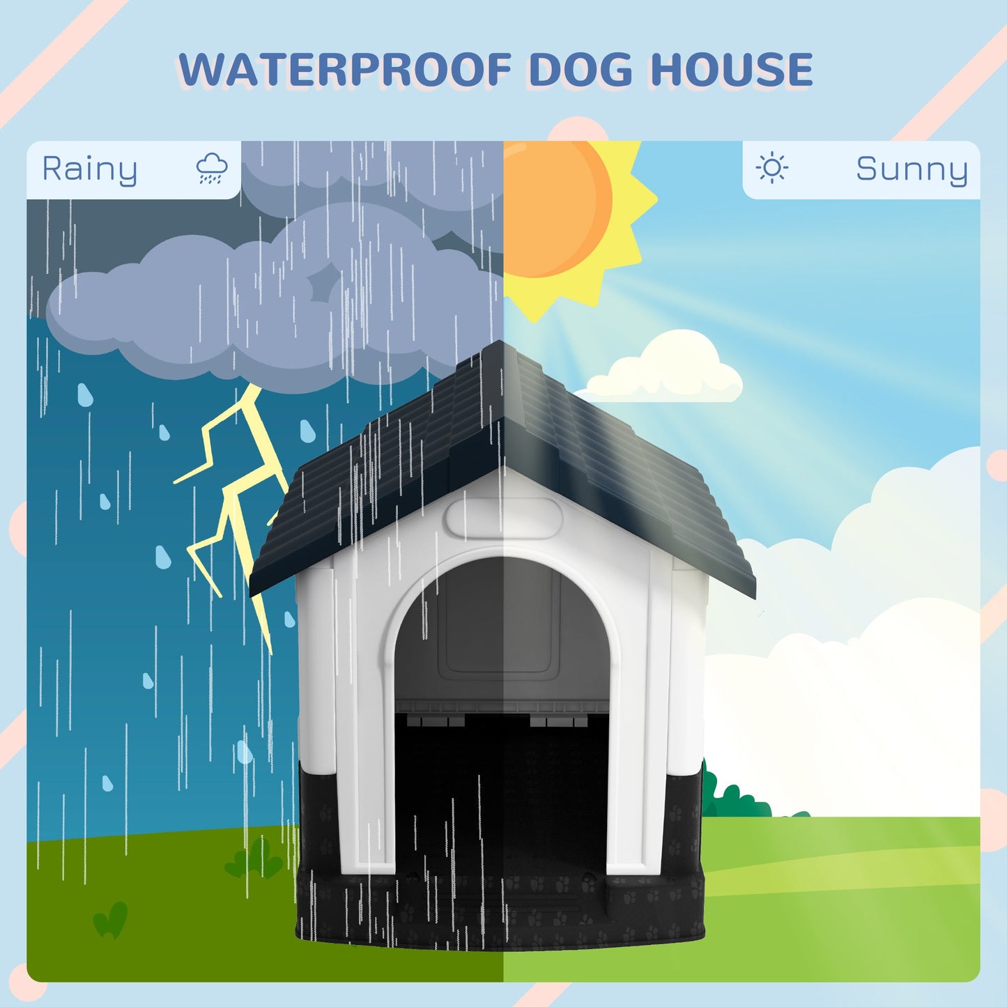 Dog Kennel for Outside, Plastic Dog House, Water-Resistant Pet Shelter with Windows, for Garden Patio, Miniature and Small Dogs, 80 x 69 x 76cm - Grey