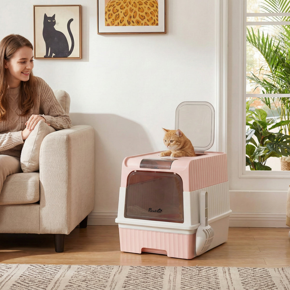 Cat litter Box with Lid, Enclosed Cat Litter Box with Pull-Out Drawer Tray, Scoop, 4 Deodorisation Bags, Front Entry & Top Exit, Privacy, Odour Control and Easy to Clean, Pink