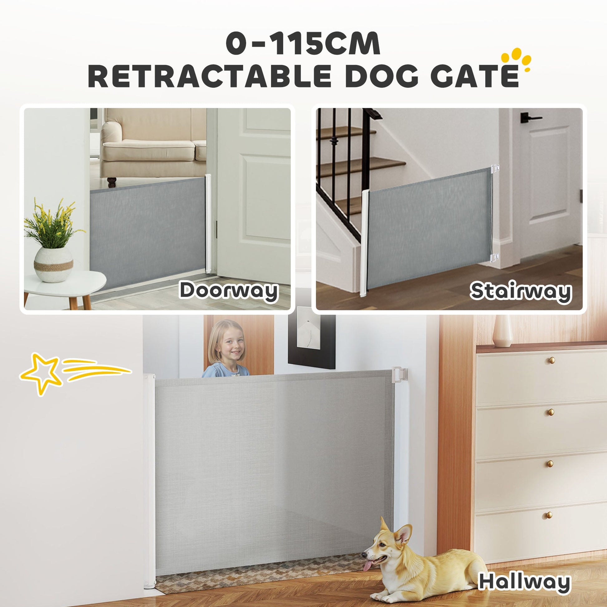 Retractable Stair Gate for Dogs, Pet Mesh Safety Gate, 82.5cm Tall, Extends up to 115cm for Doorways, Stairs, Hallways, Indoor Outdoor, Grey