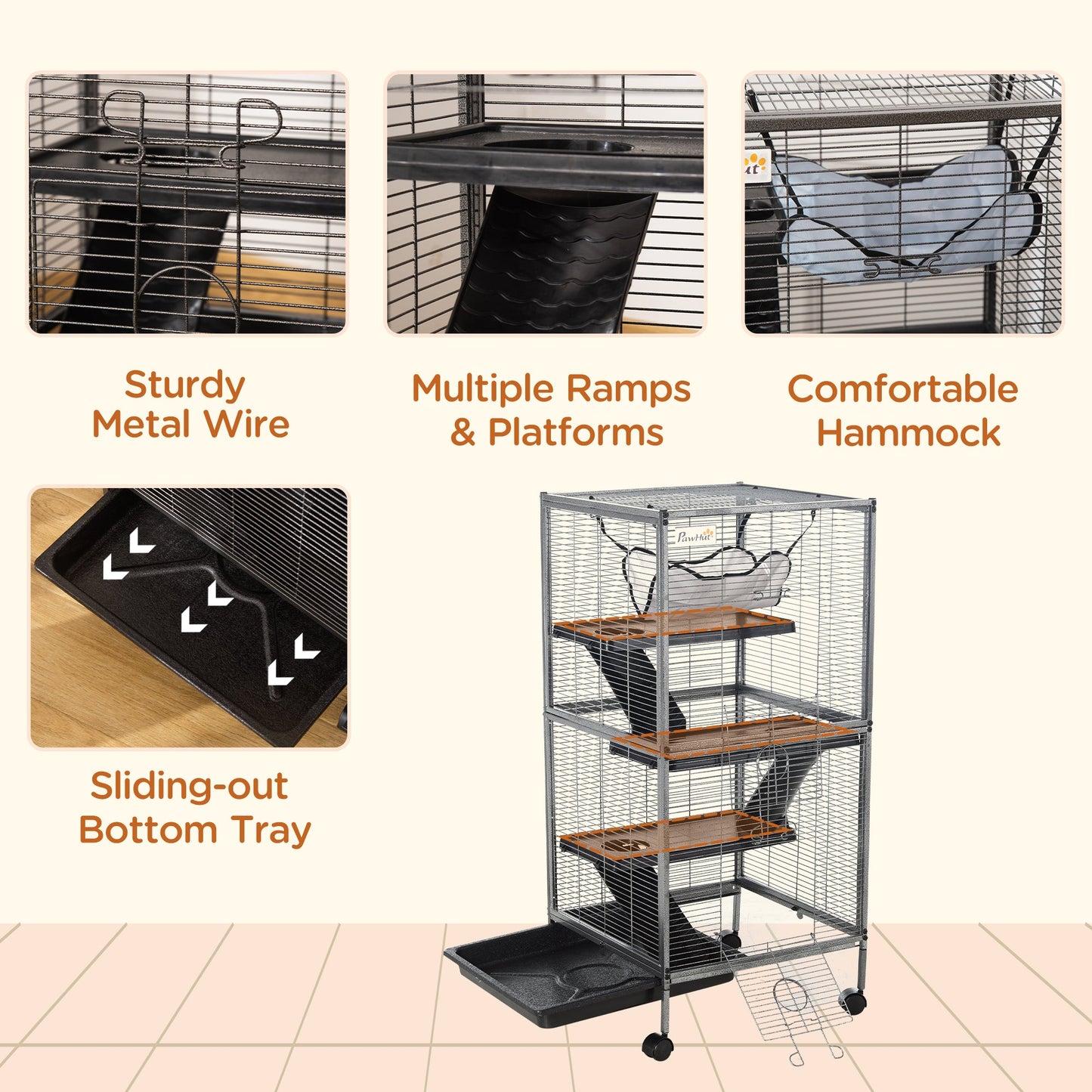 Small Animal Cage with Wheels Pet Home for Chinchillas Ferrets Kittens, with Hammock, 4 Platforms, Removable Tray, Silver